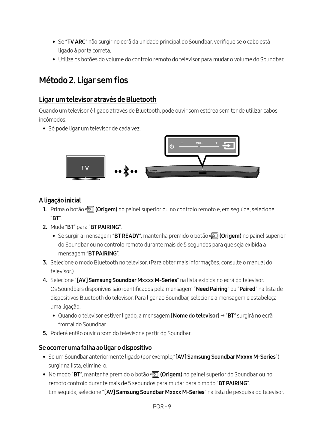 Samsung HW-M4501/ZF manual Método 2. Ligar sem fios, Ligar um televisor através de Bluetooth, Ligação inicial 