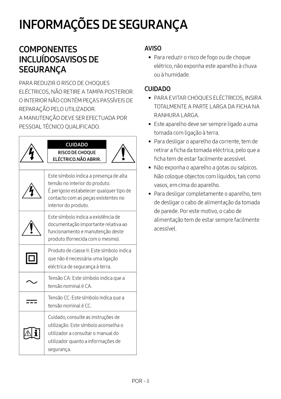 Samsung HW-M450/ZG, HW-M450/EN, HW-M450/ZF, HW-M460/XE Informações DE Segurança, Componentes Incluídosavisos DE Segurança 