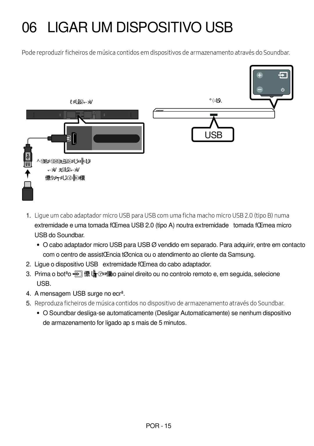 Samsung HW-M450/ZF, HW-M450/EN, HW-M450/ZG, HW-M460/XE manual Ligar UM Dispositivo USB, Porta USB Ecrã, Cabo adaptador micro 