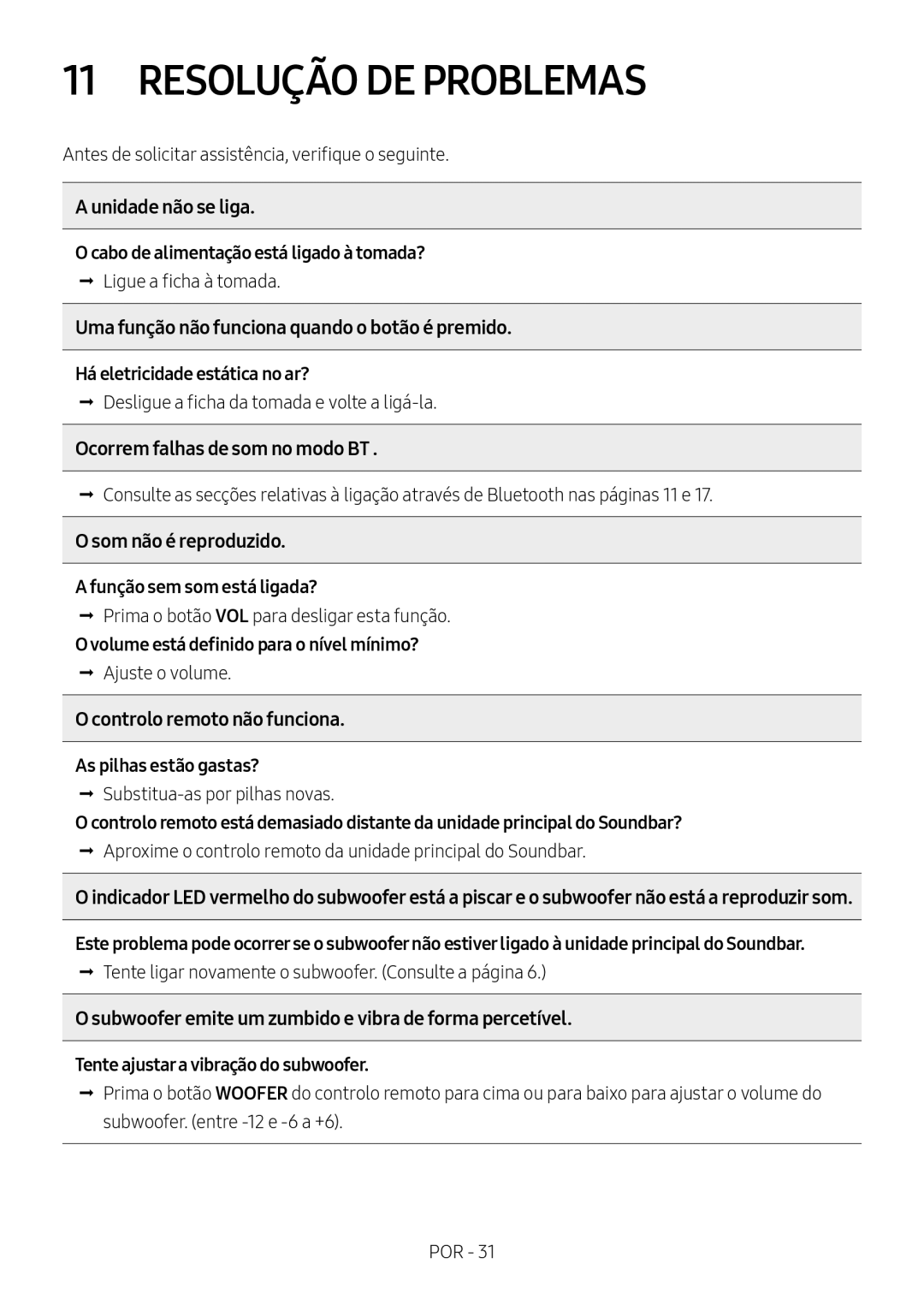 Samsung HW-M450/ZF, HW-M450/EN, HW-M450/ZG, HW-M460/XE manual Resolução DE Problemas 