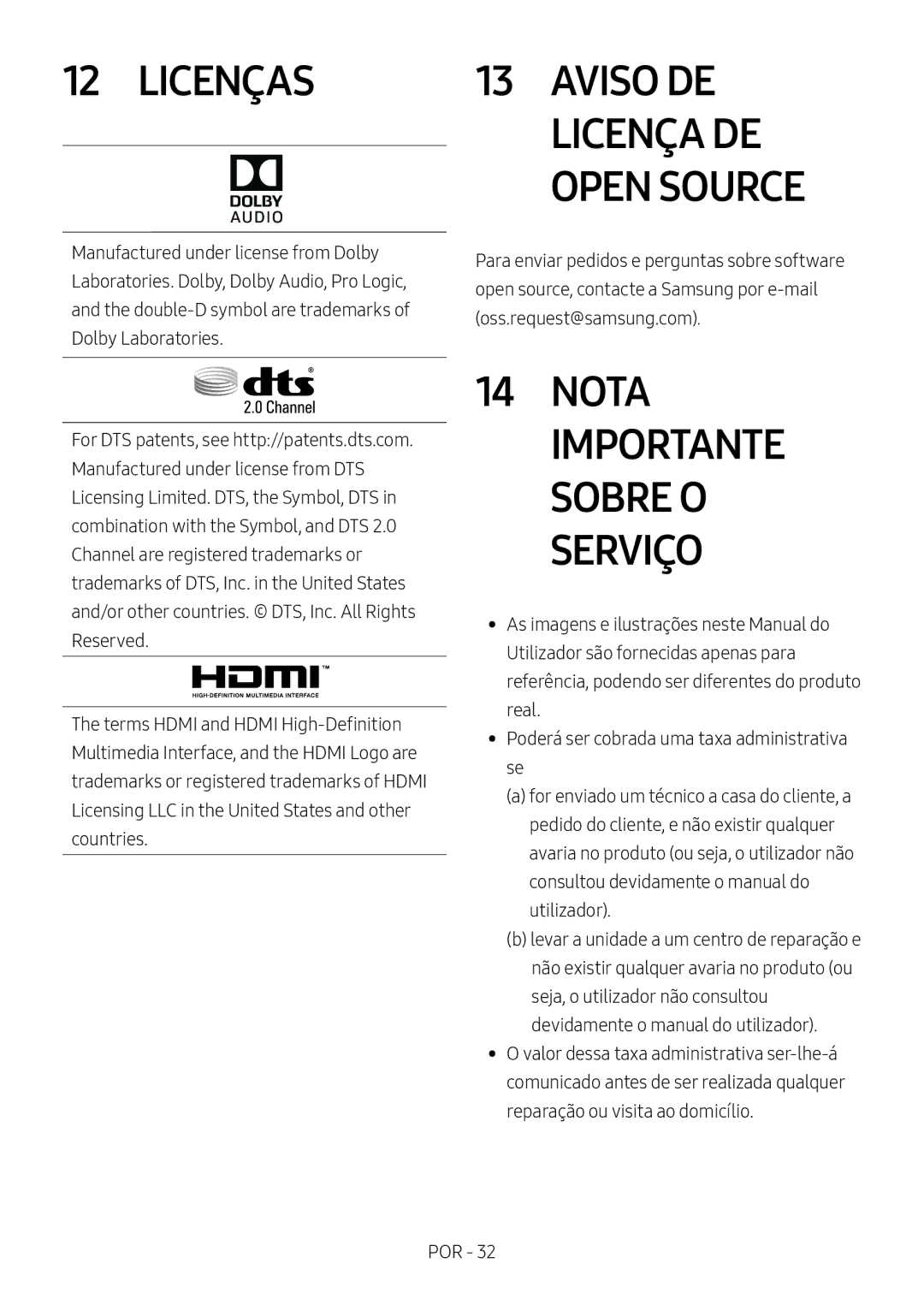 Samsung HW-M460/XE, HW-M450/EN, HW-M450/ZG, HW-M450/ZF manual Licenças, Aviso DE Licença DE Open Source 