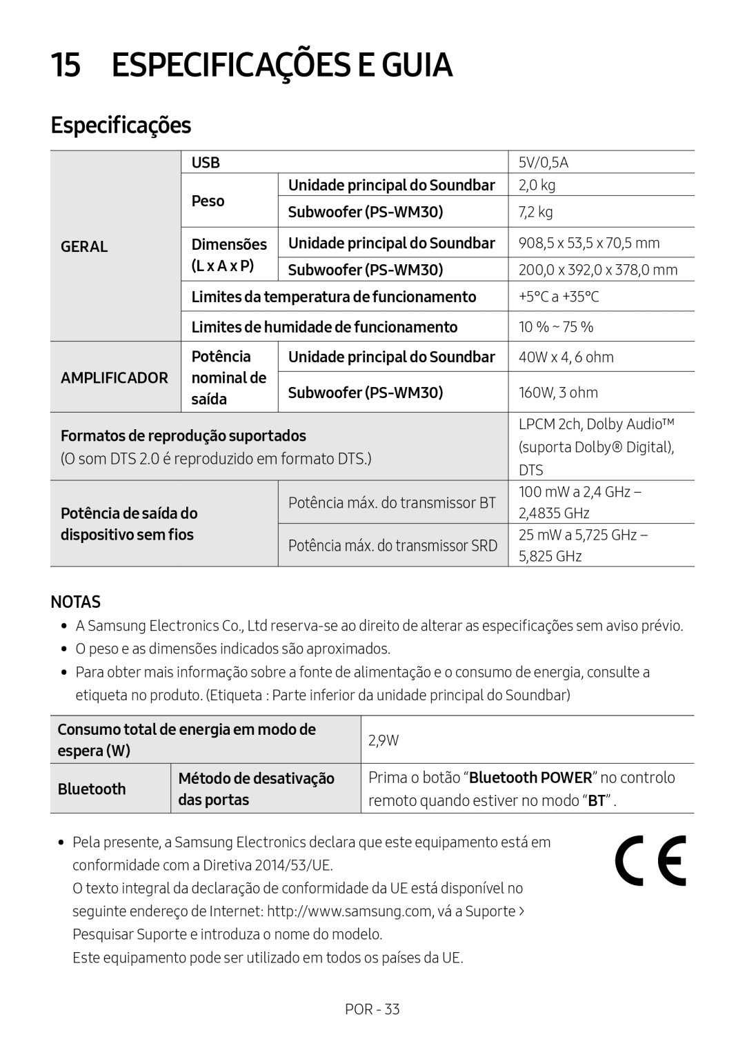 Samsung HW-M450/EN, HW-M450/ZG, HW-M450/ZF, HW-M460/XE manual Especificações E Guia 