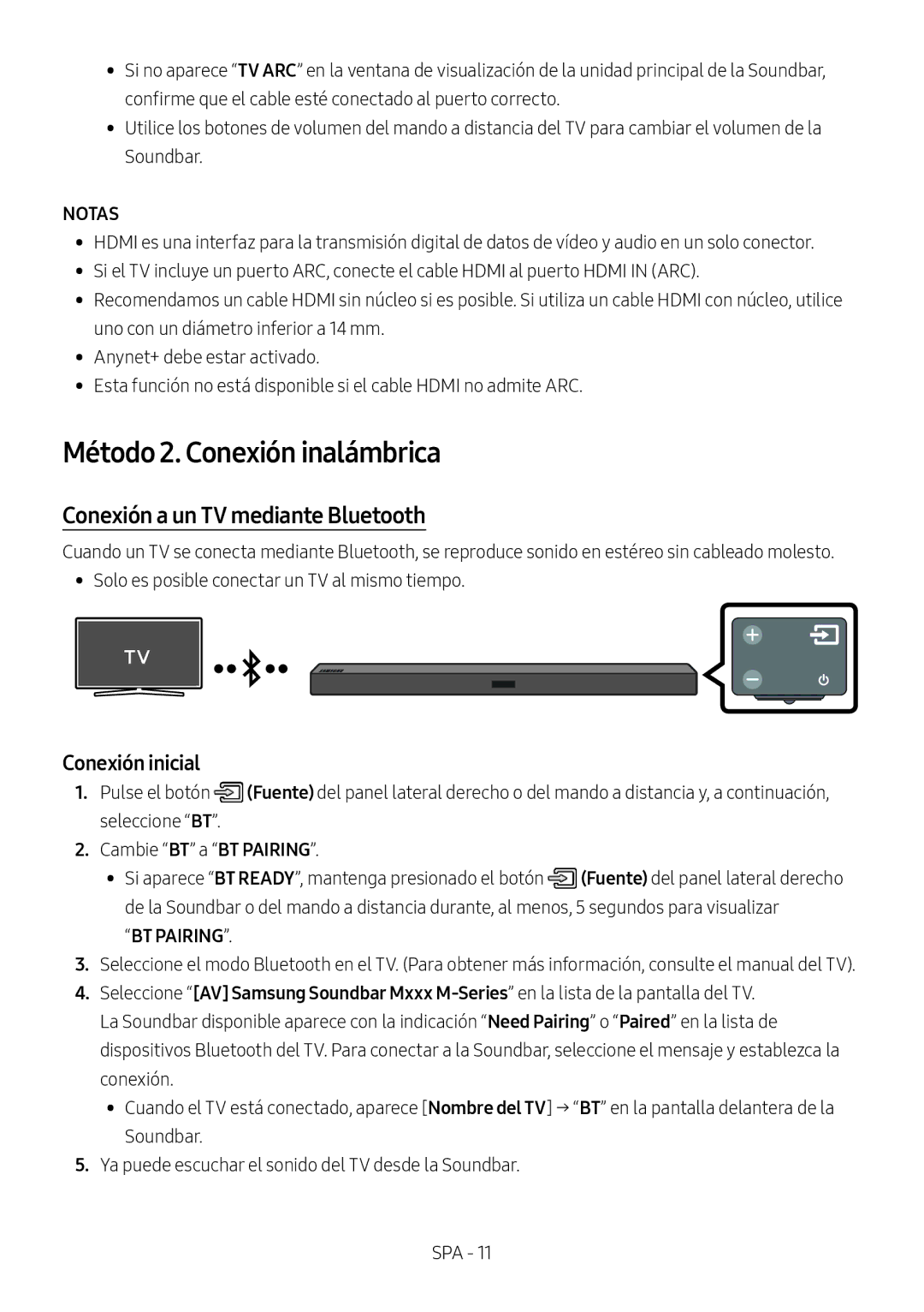 Samsung HW-M460/XE manual Método 2. Conexión inalámbrica, Conexión a un TV mediante Bluetooth, Conexión inicial, BT Pairing 