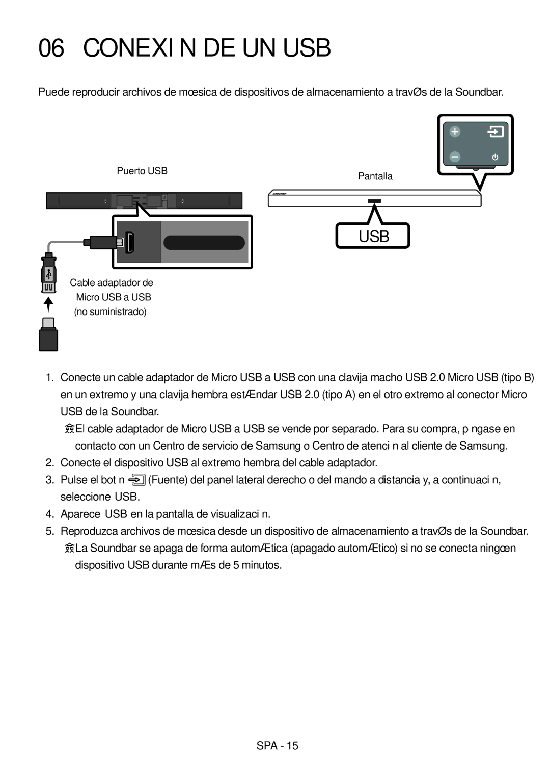 Samsung HW-M460/XE, HW-M450/EN, HW-M450/ZG, HW-M450/ZF manual Conexión DE UN USB, Puerto USB, Cable adaptador de 