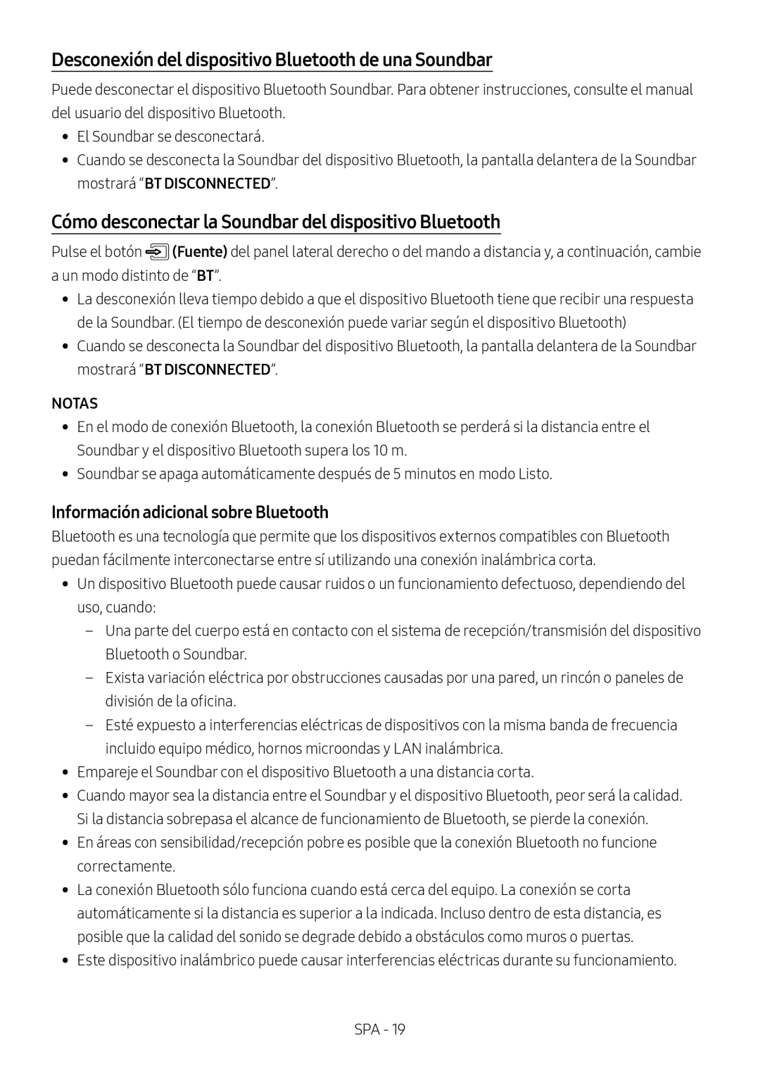 Samsung HW-M460/XE manual Desconexión del dispositivo Bluetooth de una Soundbar, Información adicional sobre Bluetooth 