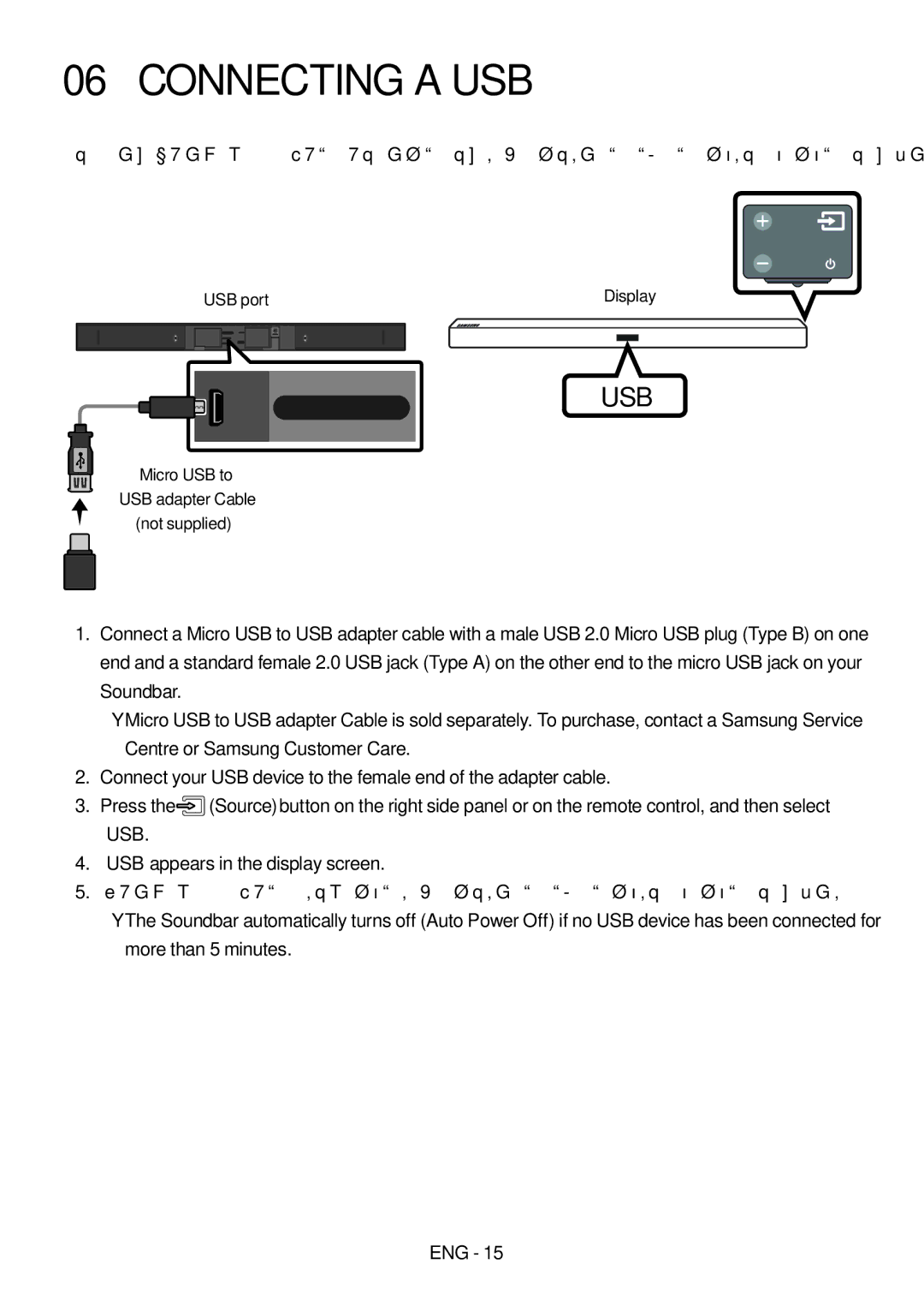 Samsung HW-M460/XE, HW-M450/EN, HW-M450/ZG Connecting a USB, USB port Display, Micro USB to USB adapter Cable Not supplied 