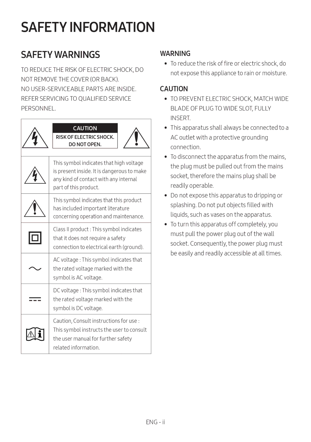 Samsung HW-M450/ZF, HW-M450/EN, HW-M450/ZG, HW-M460/XE manual Safety Information, Safety Warnings 