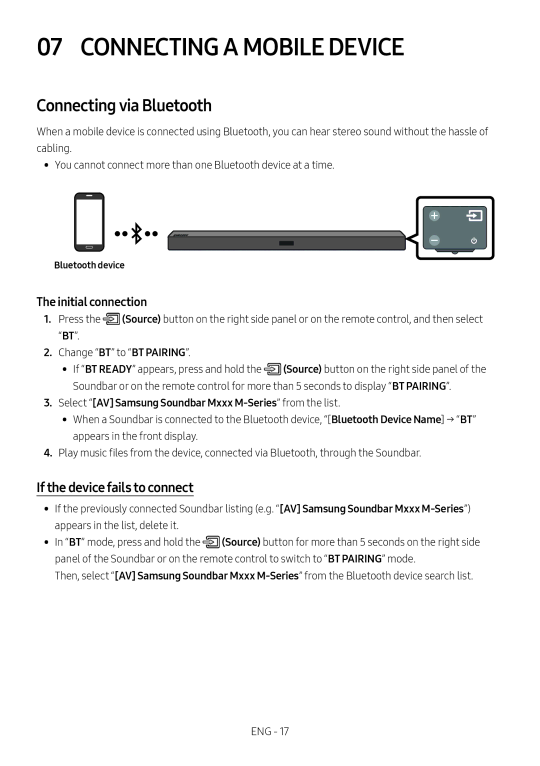 Samsung HW-M450/ZG Connecting a Mobile Device, Connecting via Bluetooth, If the device fails to connect, Bluetooth device 