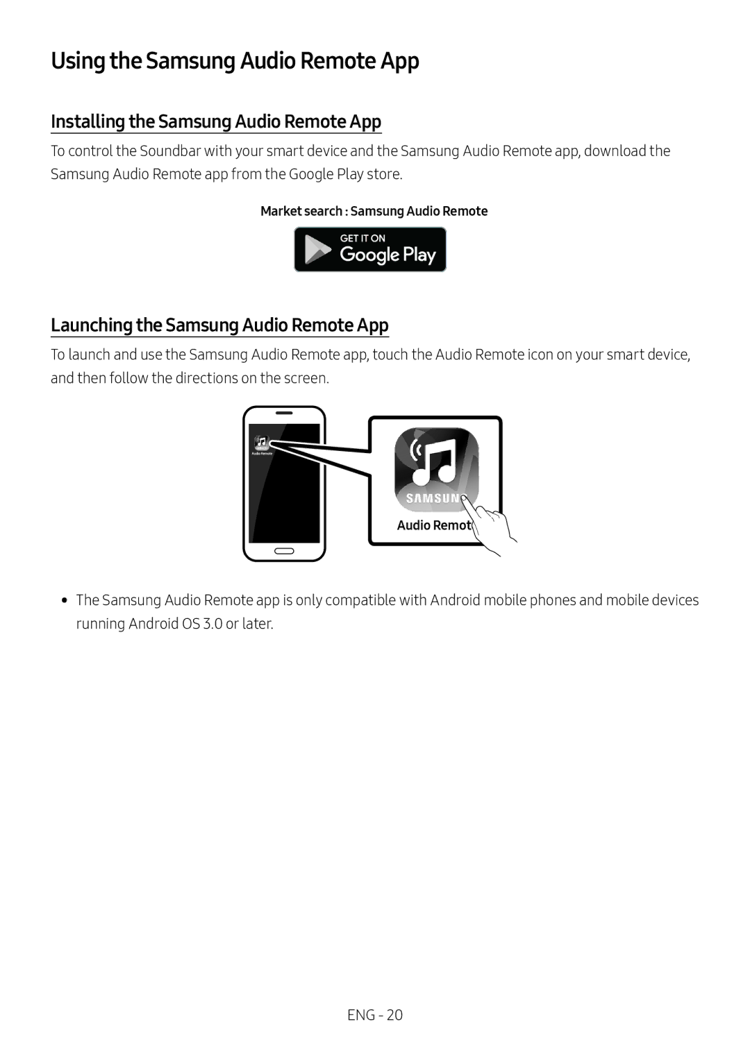 Samsung HW-M450/EN, HW-M450/ZG, HW-M450/ZF manual Using the Samsung Audio Remote App, Installing the Samsung Audio Remote App 