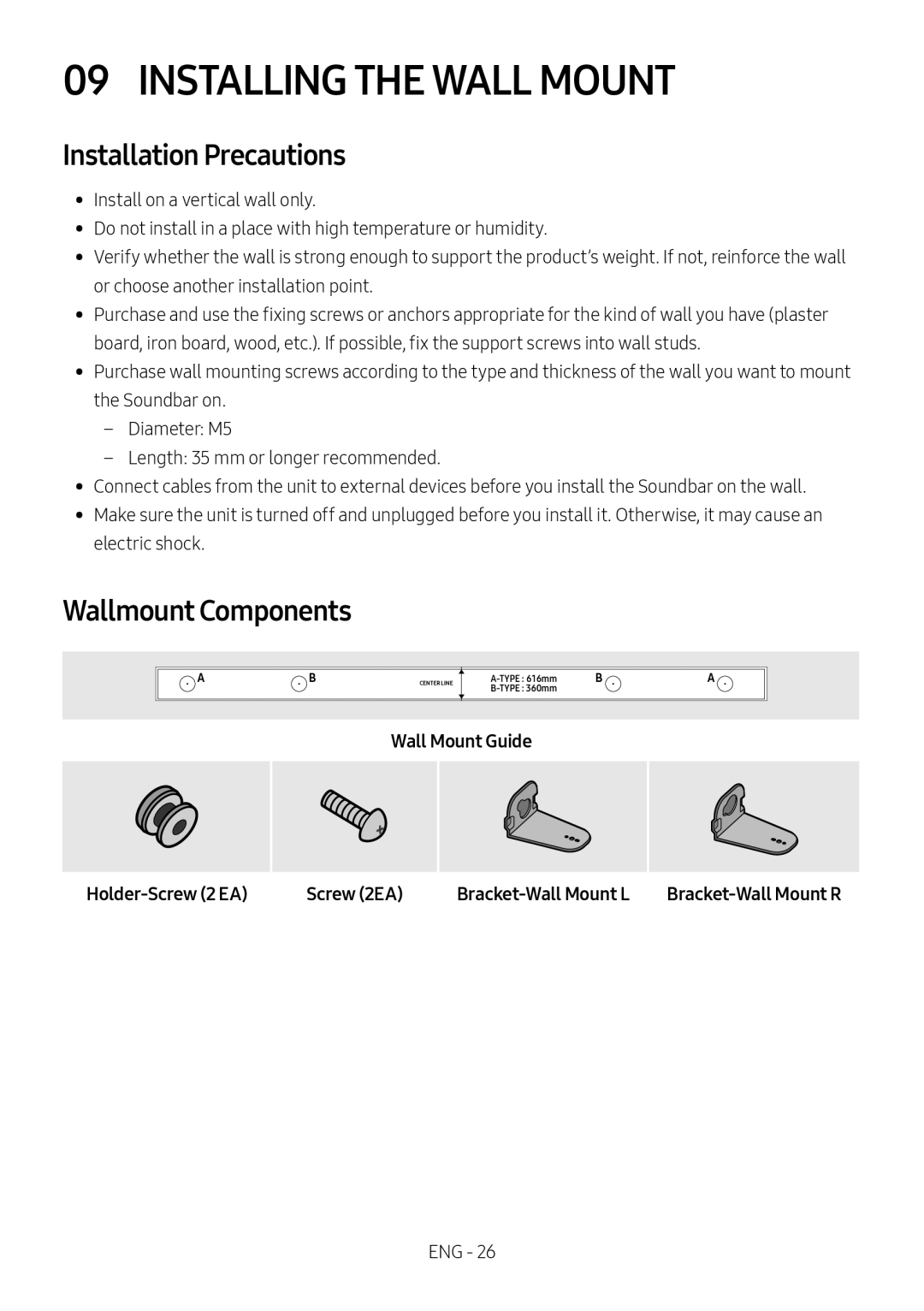 Samsung HW-M450/ZF manual Installing the Wall Mount, Installation Precautions, Wallmount Components, Bracket-Wall Mount R 