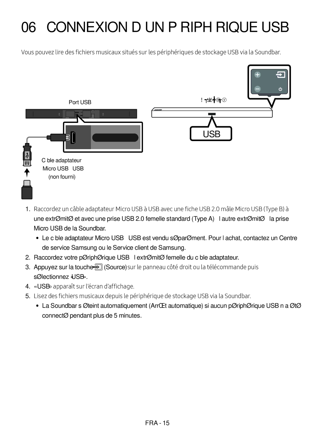 Samsung HW-M450/EN, HW-M450/ZG, HW-M450/ZF, HW-M460/XE manual Connexion D’UN Périphérique USB, Port USB Affichage 