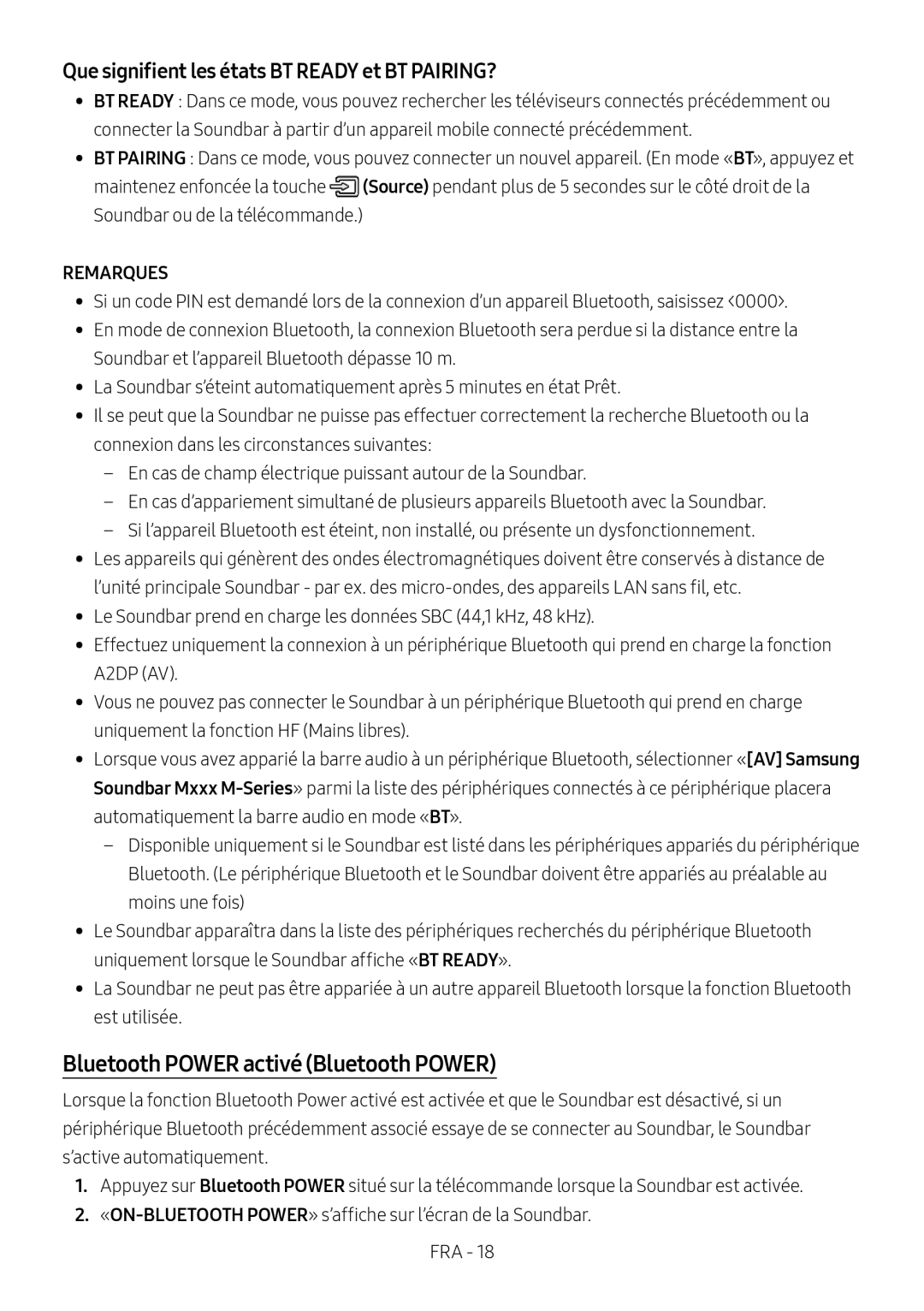 Samsung HW-M460/XE, HW-M450/EN Bluetooth Power activé Bluetooth Power, Que signifient les états BT Ready et BT PAIRING? 