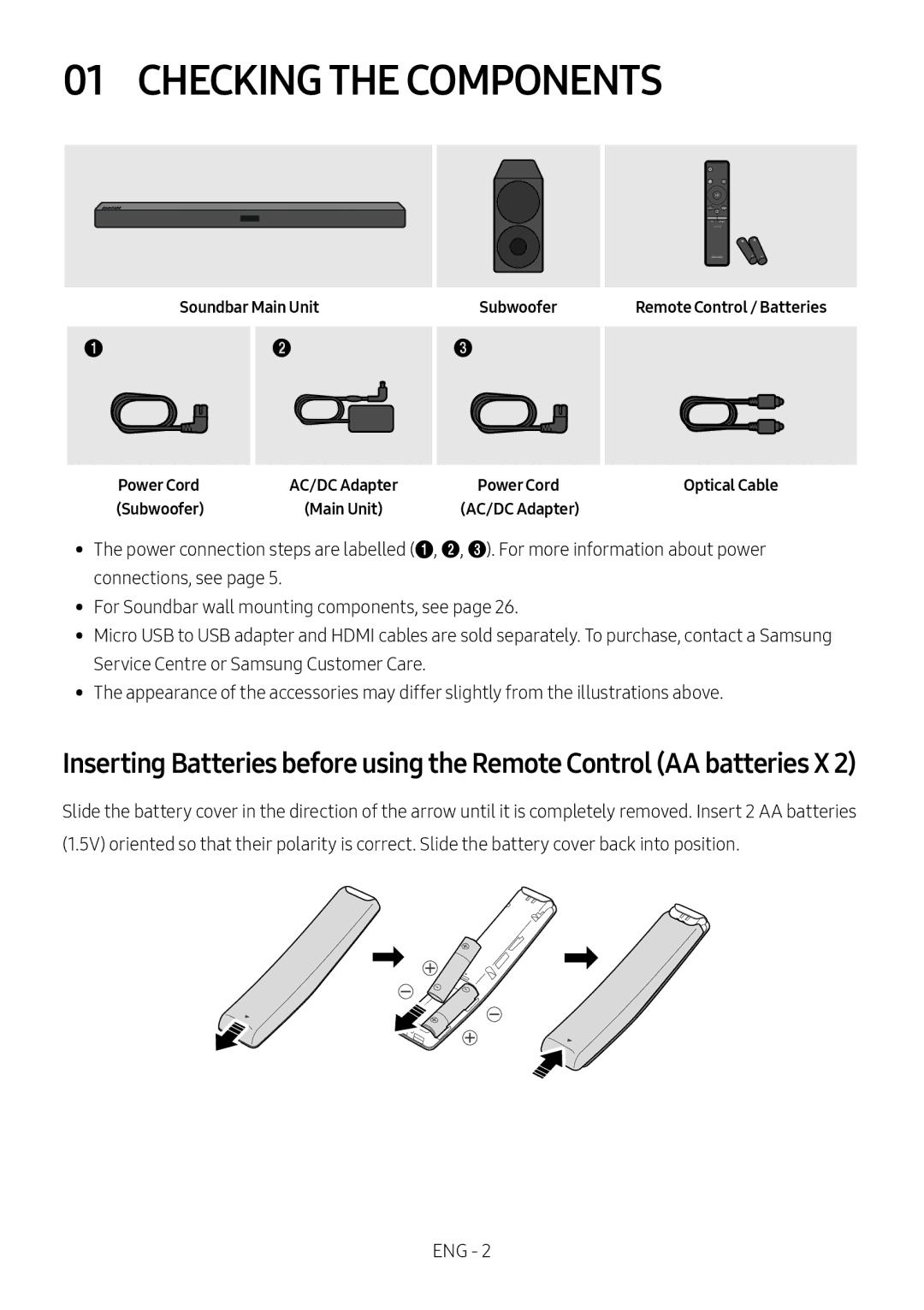 Samsung HW-M450/ZF, HW-M450/EN, HW-M450/ZG, HW-M460/XE Checking the Components, Soundbar Main Unit Subwoofer, Power Cord 