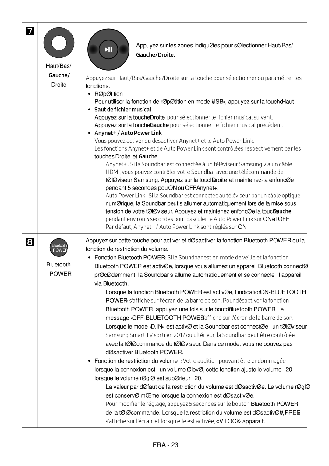 Samsung HW-M450/EN, HW-M450/ZG manual Haut/Bas Gauche/Droite, Répétition, Saut de fichier musical, Touches Droite et Gauche 