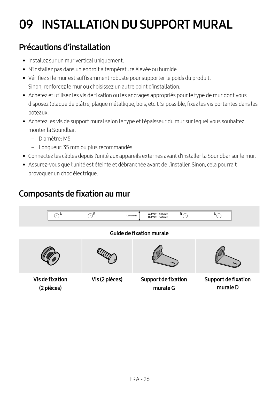 Samsung HW-M460/XE manual Installation DU Support Mural, Précautions d’installation, Composants de fixation au mur, Pièces 