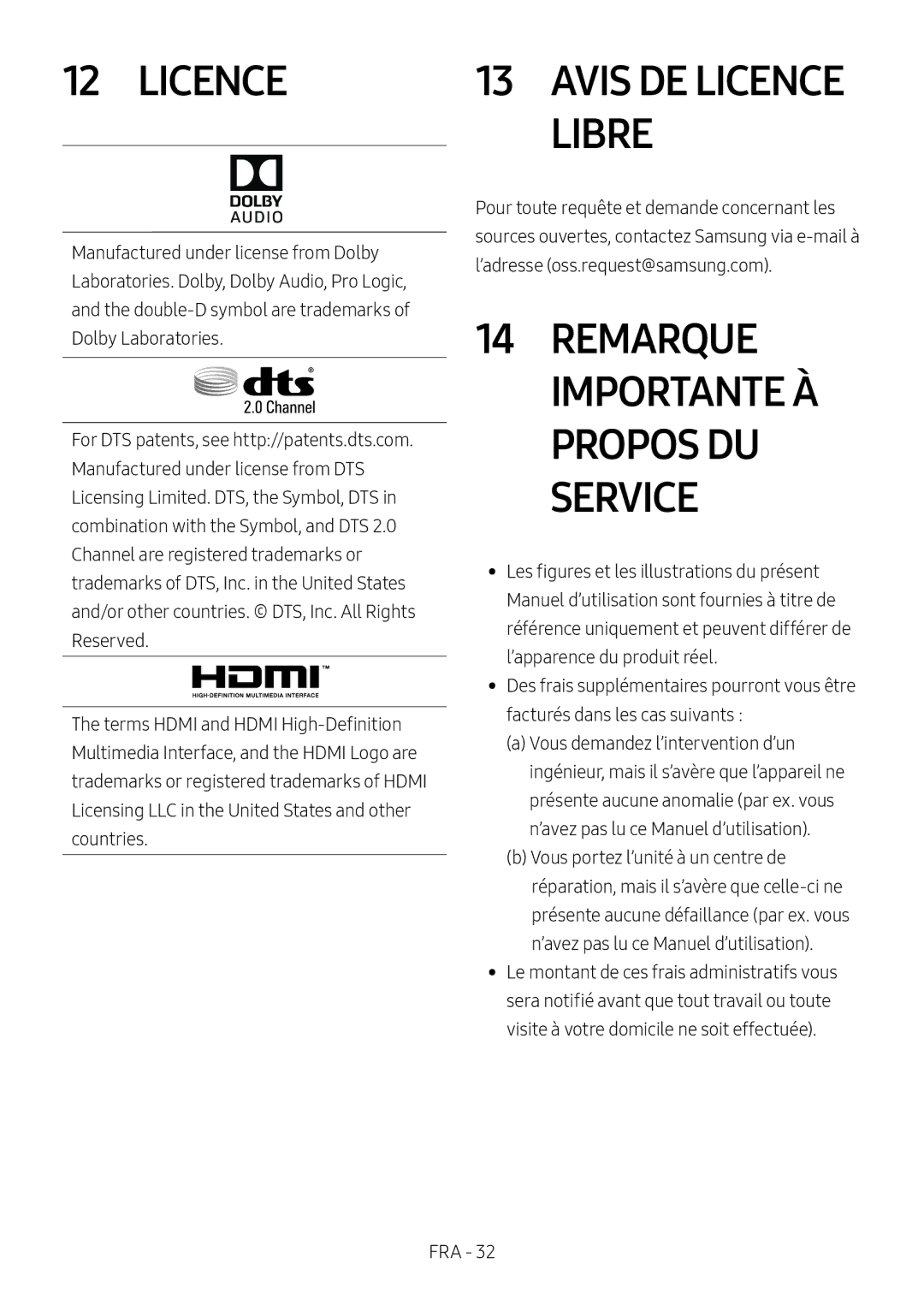 Samsung HW-M450/ZG, HW-M450/EN, HW-M450/ZF, HW-M460/XE manual Remarque Importante À Propos DU Service, Avis DE Licence Libre 