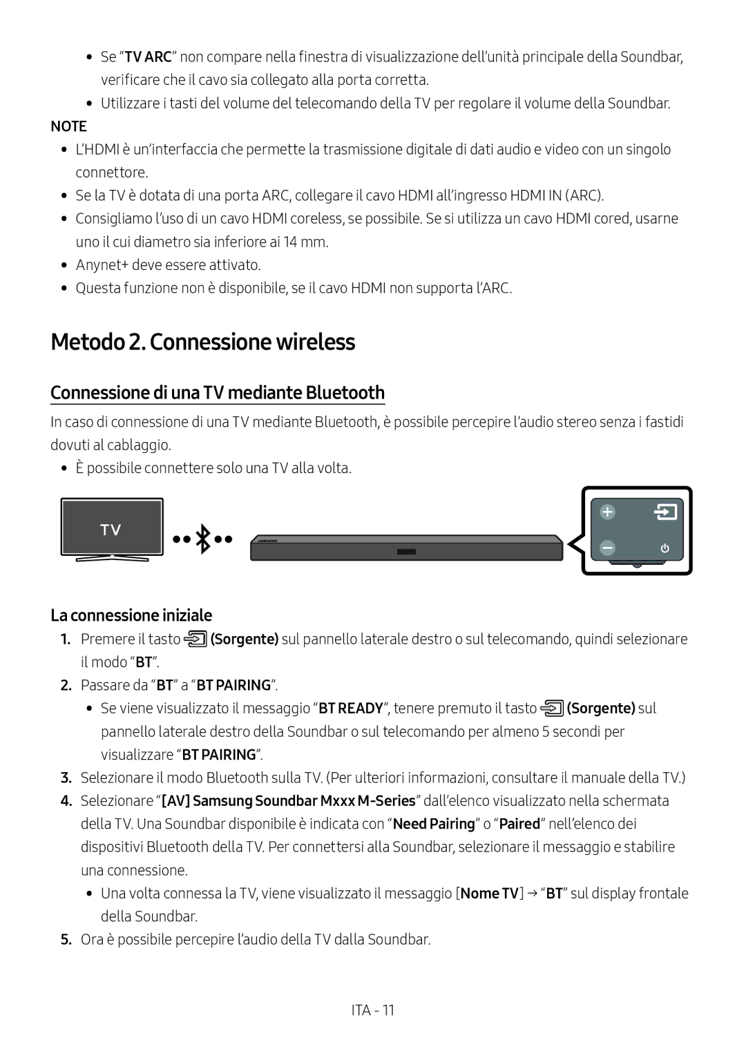 Samsung HW-M450/ZG manual Metodo 2. Connessione wireless, Connessione di una TV mediante Bluetooth, La connessione iniziale 