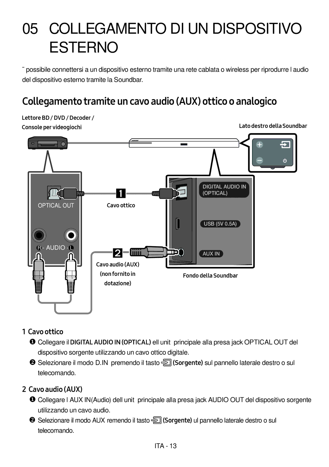 Samsung HW-M460/XE manual Collegamento DI UN Dispositivo Esterno, Collegamento tramite un cavo audio AUX ottico o analogico 