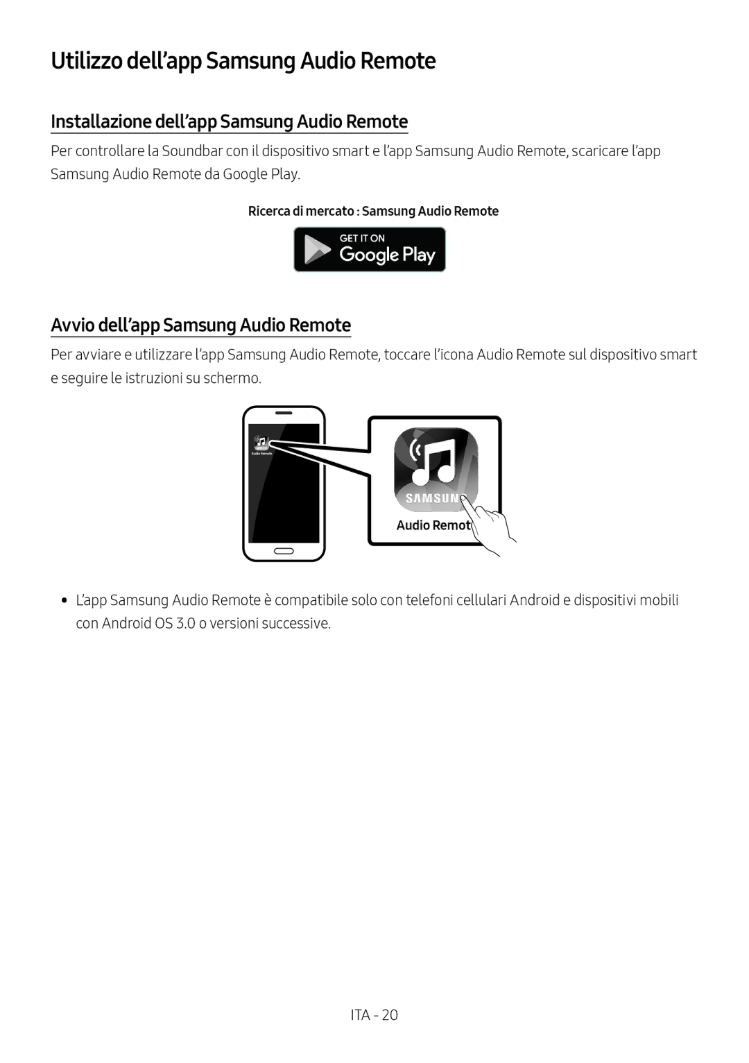 Samsung HW-M450/ZF, HW-M450/EN manual Utilizzo dell’app Samsung Audio Remote, Installazione dell’app Samsung Audio Remote 