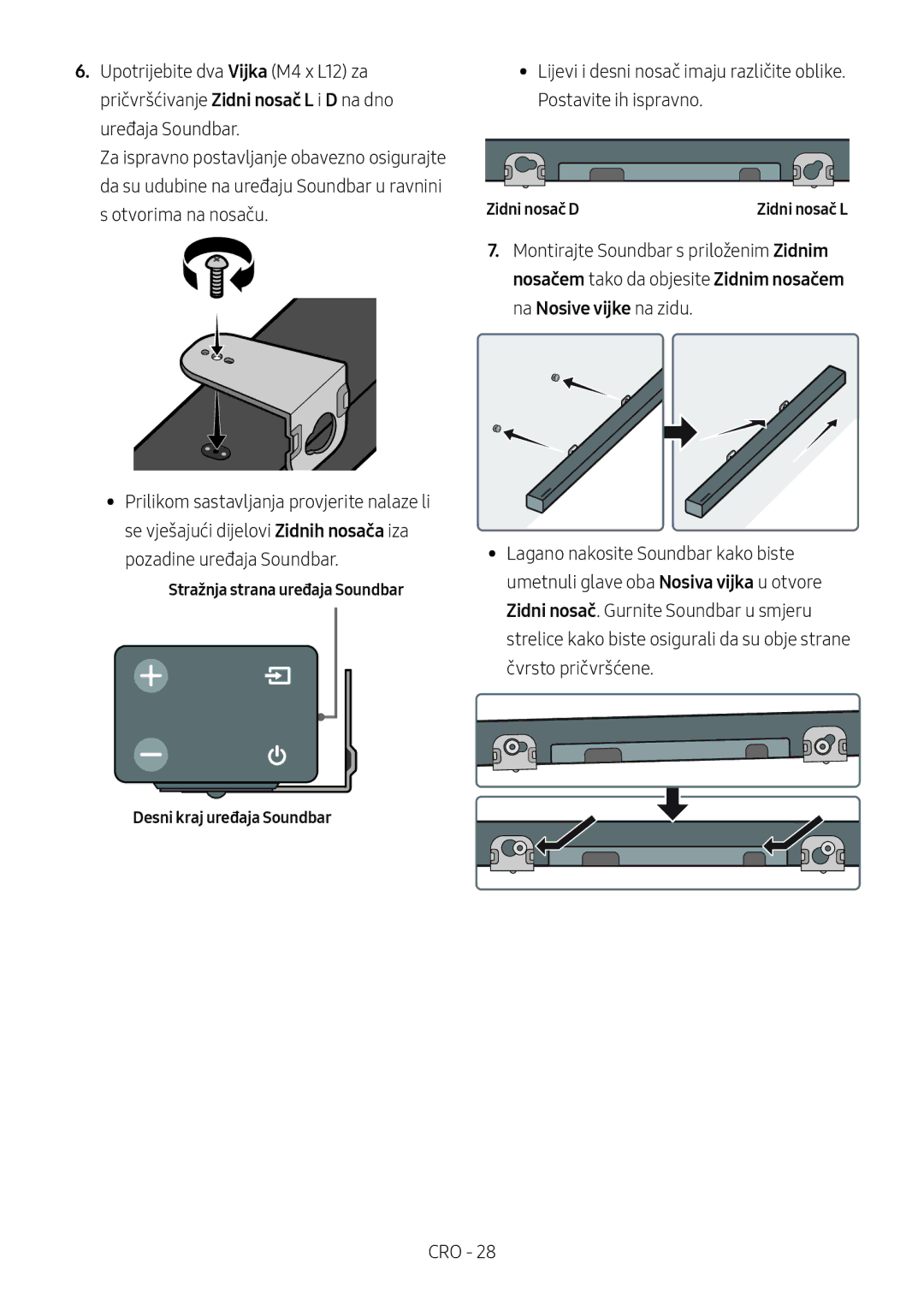 Samsung HW-M450/ZF, HW-M450/EN, HW-M450/ZG manual Stražnja strana uređaja Soundbar Desni kraj uređaja Soundbar, Zidni nosač D 