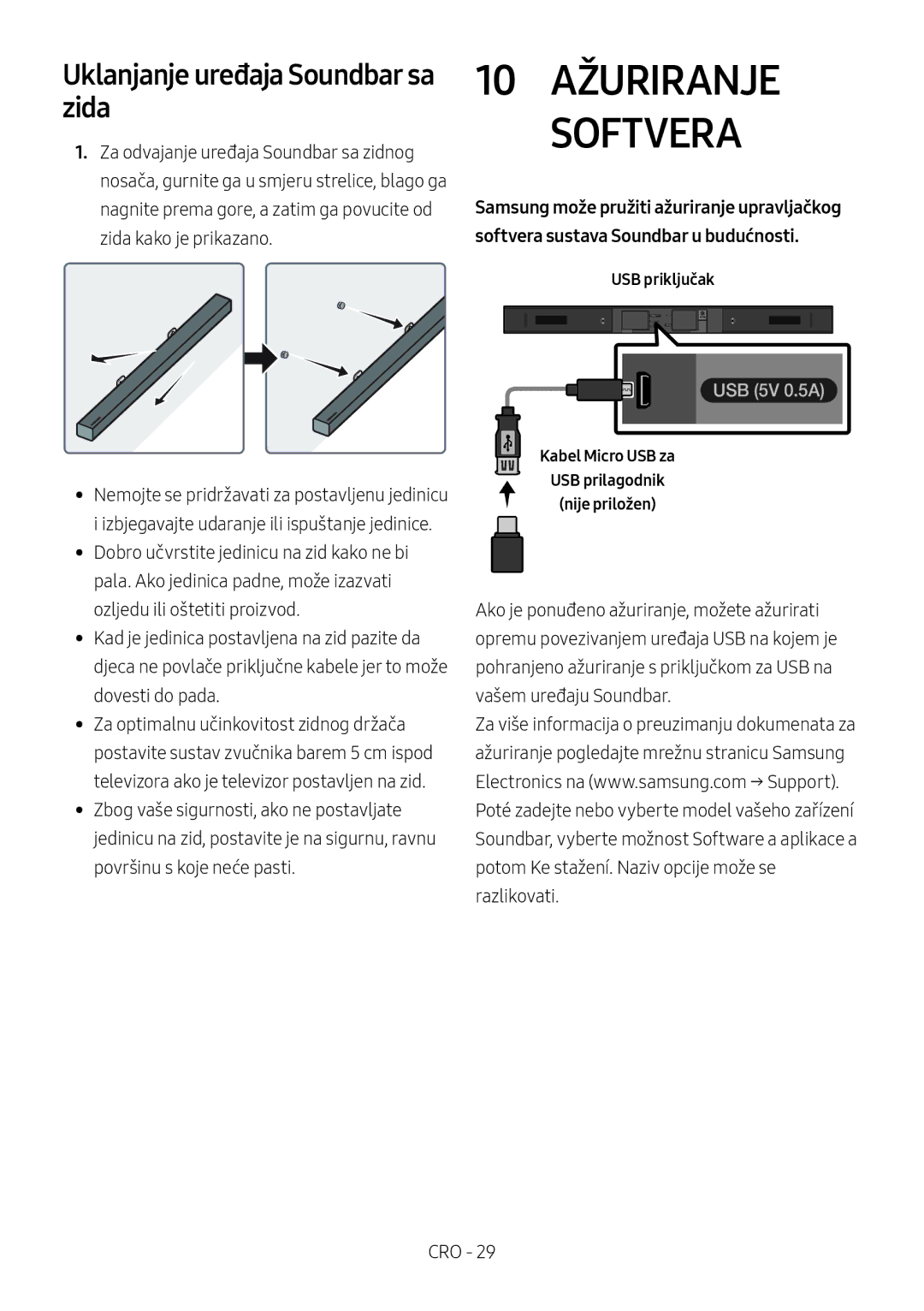 Samsung HW-M460/XE, HW-M450/EN, HW-M450/ZG manual 10 Ažuriranje Softvera, Uklanjanje uređaja Soundbar sa zida, USB priključak 