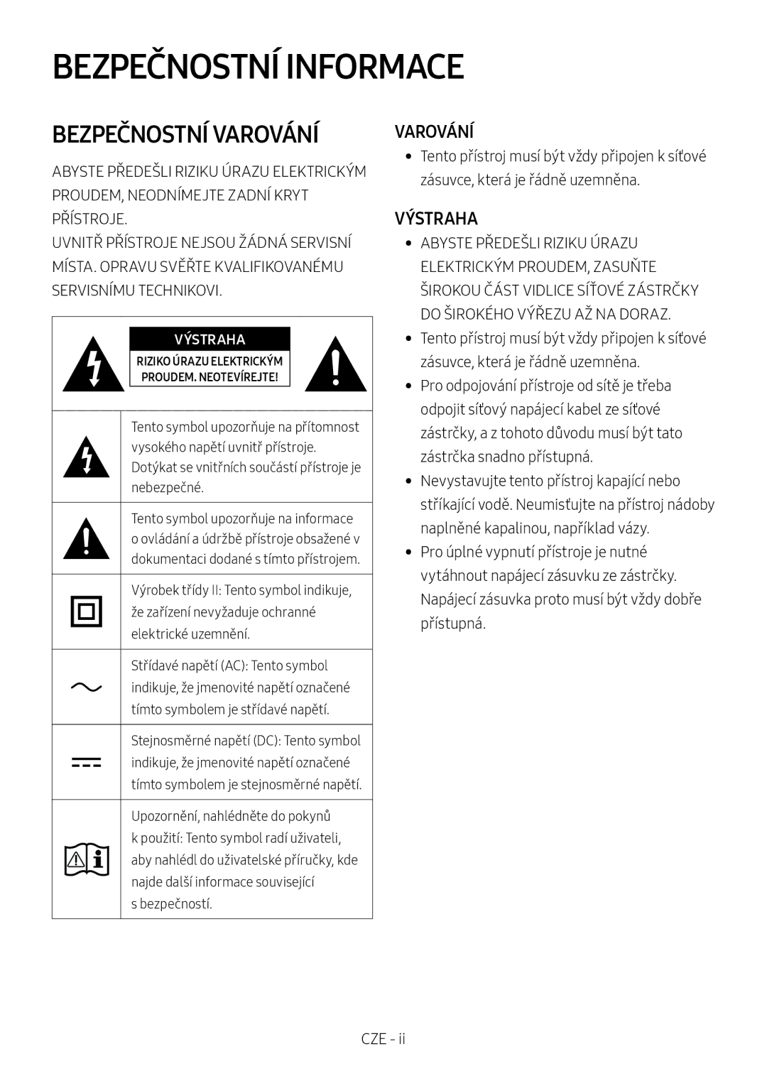 Samsung HW-M450/ZG, HW-M450/EN, HW-M450/ZF, HW-M460/XE manual Bezpečnostní Informace, Varování, Výstraha 