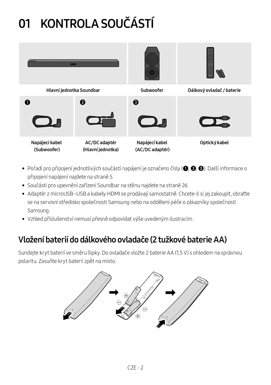 Samsung HW-M450/ZG Kontrola Součástí, Vložení baterií do dálkového ovladače 2 tužkové baterie AA, Hlavní jednotka Soundbar 