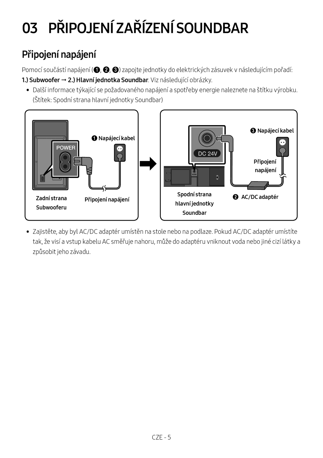 Samsung HW-M450/EN, HW-M450/ZG, HW-M450/ZF 03 Připojení Zařízení Soundbar, Připojení napájení, 1Napájecí kabel, Subwooferu 
