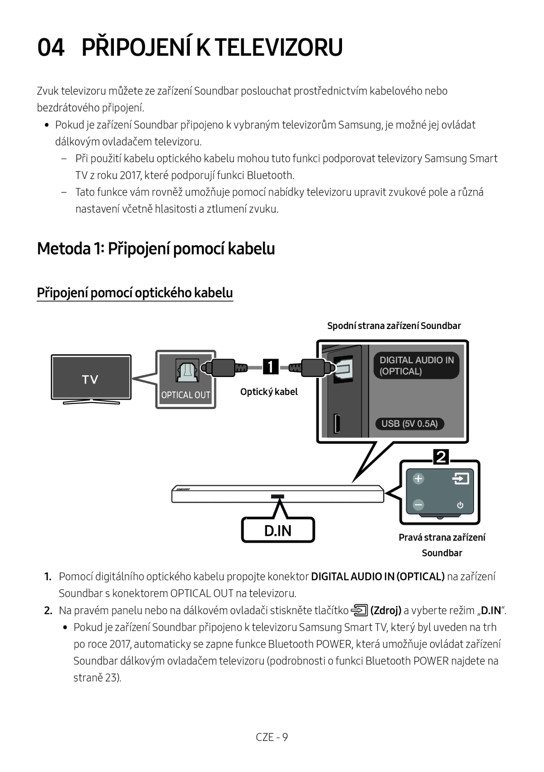 Samsung HW-M450/EN manual 04 Připojení K Televizoru, Metoda 1 Připojení pomocí kabelu, Připojení pomocí optického kabelu 