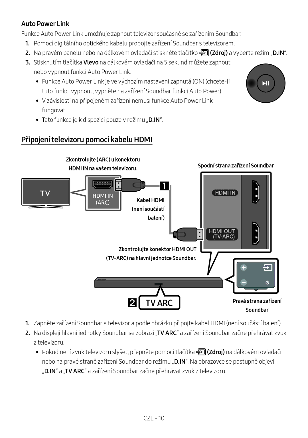 Samsung HW-M450/ZG manual Připojení televizoru pomocí kabelu Hdmi, Zkontrolujte ARC u konektoru Hdmi in na vašem televizoru 