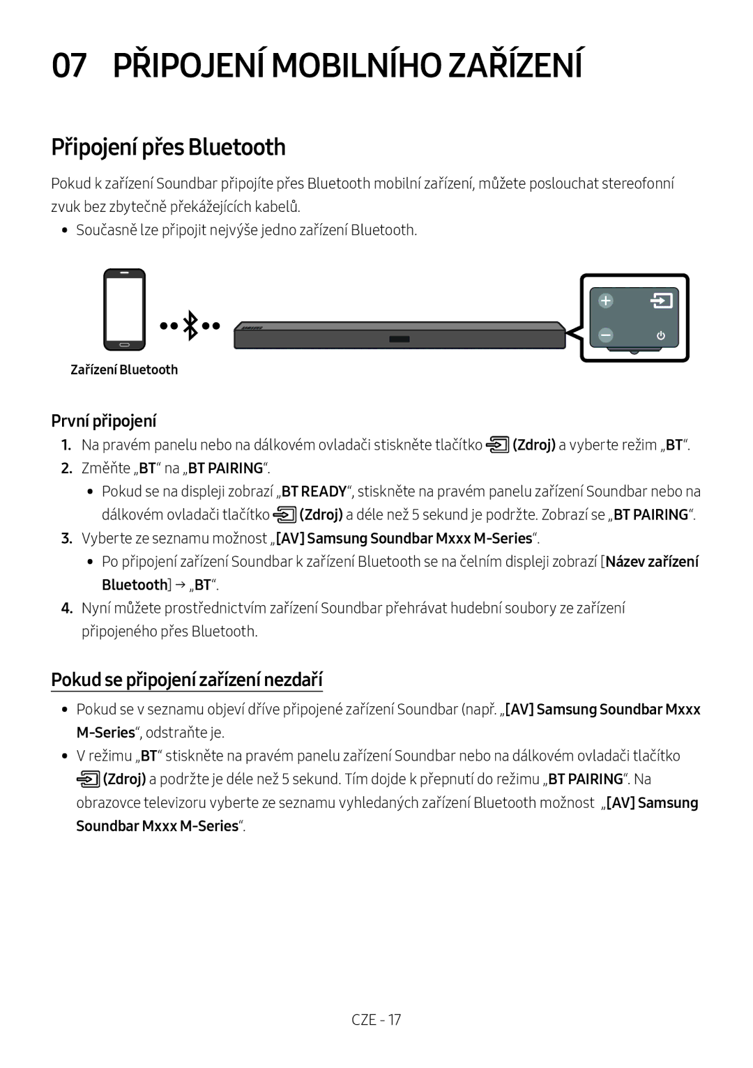 Samsung HW-M450/EN manual 07 Připojení Mobilního Zařízení, Připojení přes Bluetooth, Pokud se připojení zařízení nezdaří 