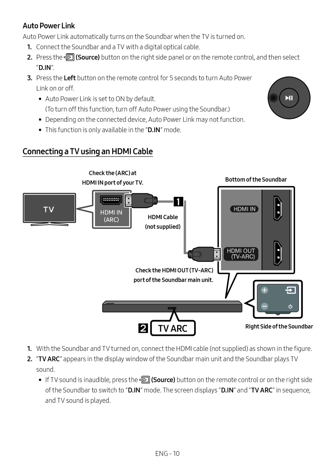 Samsung HW-M450/ZF manual Connecting a TV using an Hdmi Cable, Auto Power Link, Check the ARC at Hdmi in port of your TV 