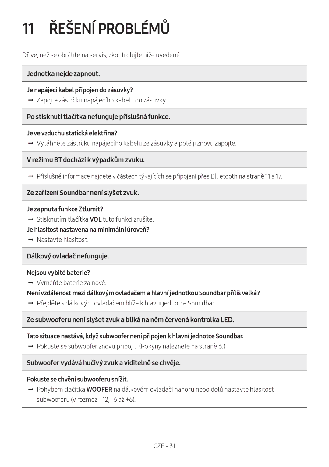 Samsung HW-M450/ZF, HW-M450/EN, HW-M450/ZG, HW-M460/XE manual 11 Řešení Problémů 