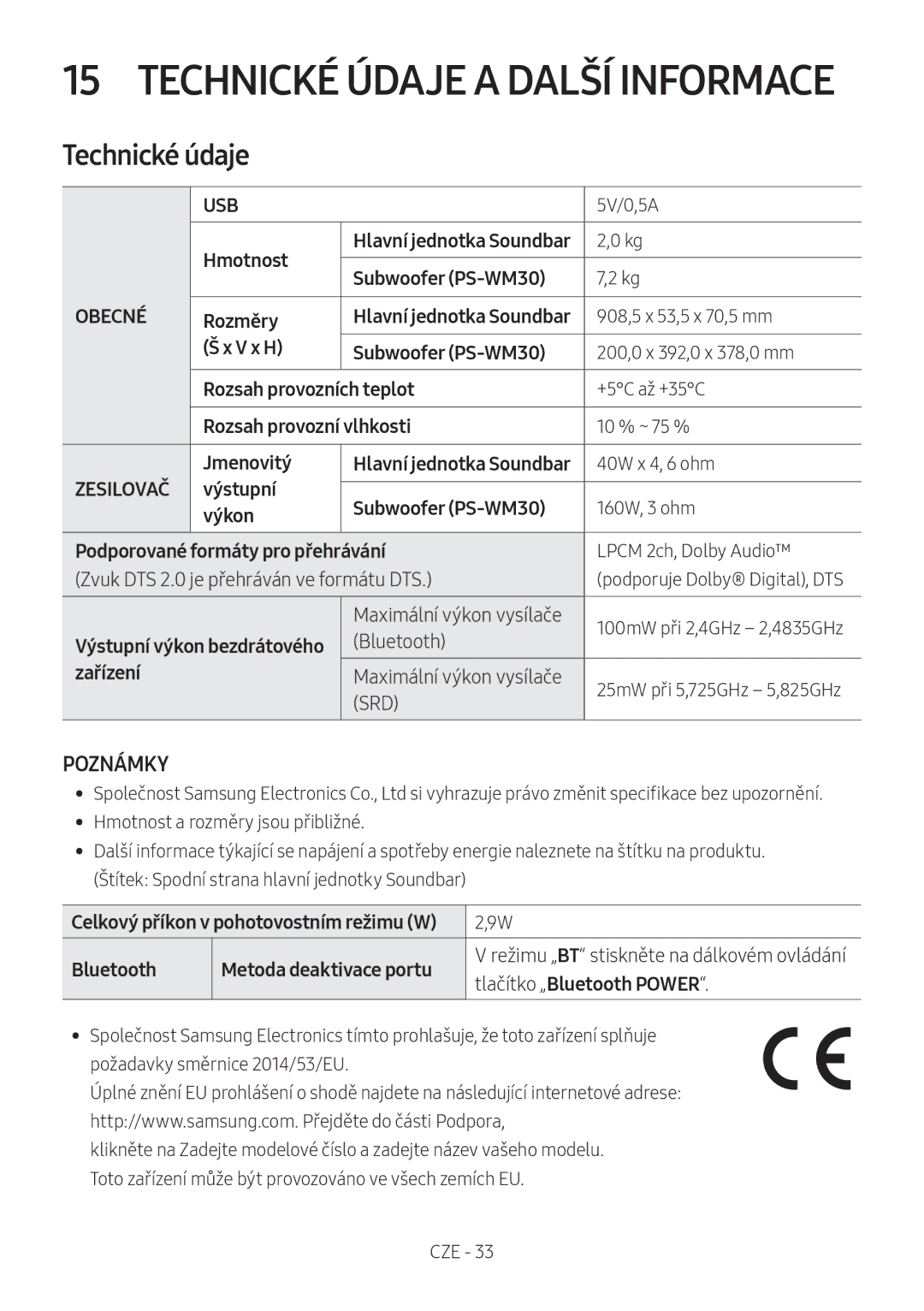 Samsung HW-M450/EN, HW-M450/ZG, HW-M450/ZF, HW-M460/XE manual Technické údaje, Poznámky 