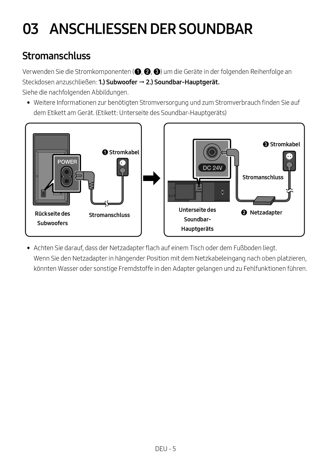 Samsung HW-M450/ZG, HW-M450/EN manual Anschliessen DER Soundbar, 1Stromkabel, 3Stromkabel Stromanschluss, Netzadapter 