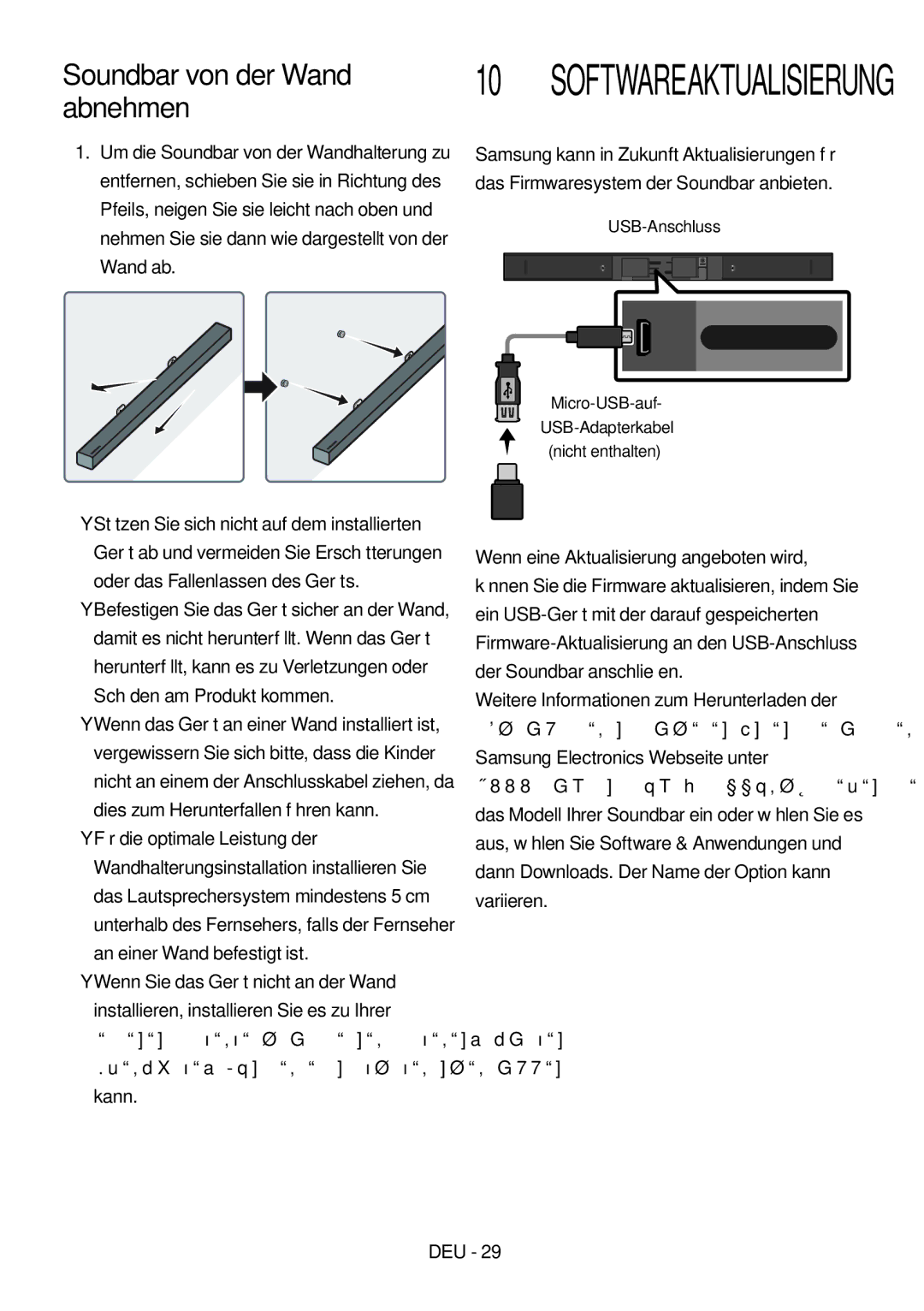 Samsung HW-M450/ZG, HW-M450/EN, HW-M450/ZF Soundbar von der Wand abnehmen, Micro-USB-auf USB-Adapterkabel Nicht enthalten 