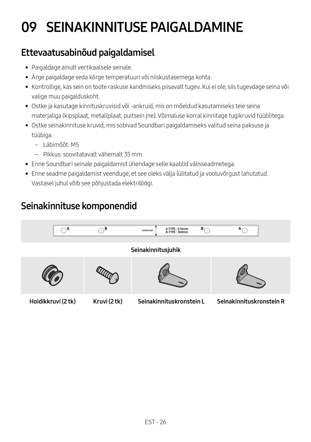 Samsung HW-M460/XE, HW-M450/EN Seinakinnituse Paigaldamine, Ettevaatusabinõud paigaldamisel, Seinakinnituse komponendid 