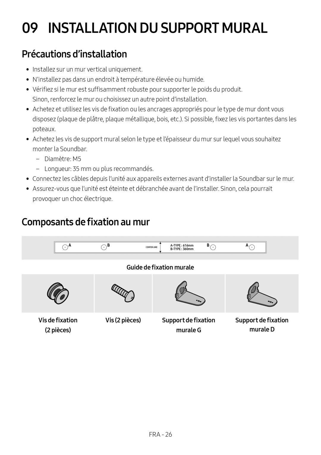 Samsung HW-M450/EN manual Installation DU Support Mural, Précautions d’installation, Composants de fixation au mur, Pièces 