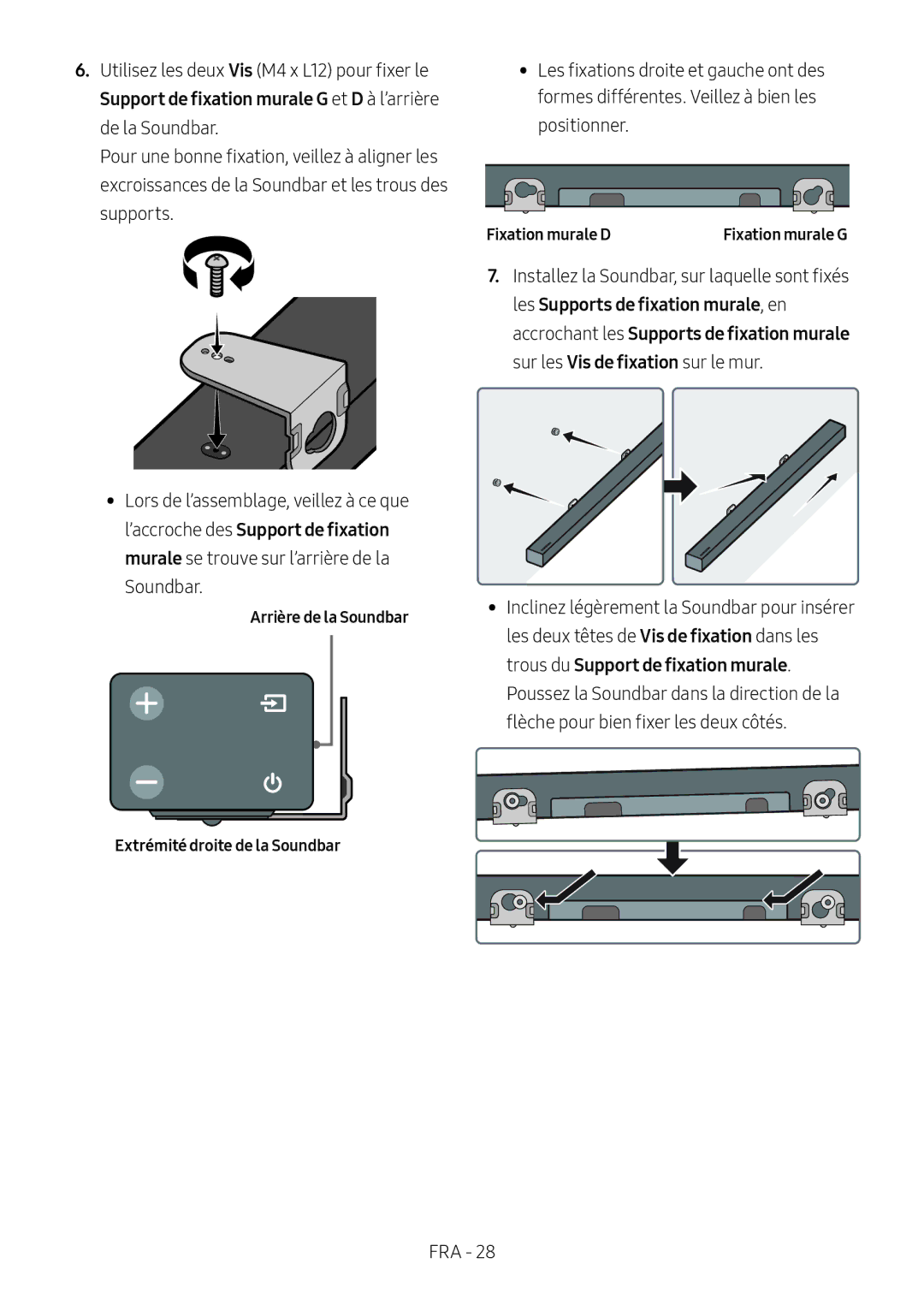 Samsung HW-M450/ZF, HW-M450/EN, HW-M450/ZG manual Arrière de la Soundbar, Fixation murale D, Extrémité droite de la Soundbar 