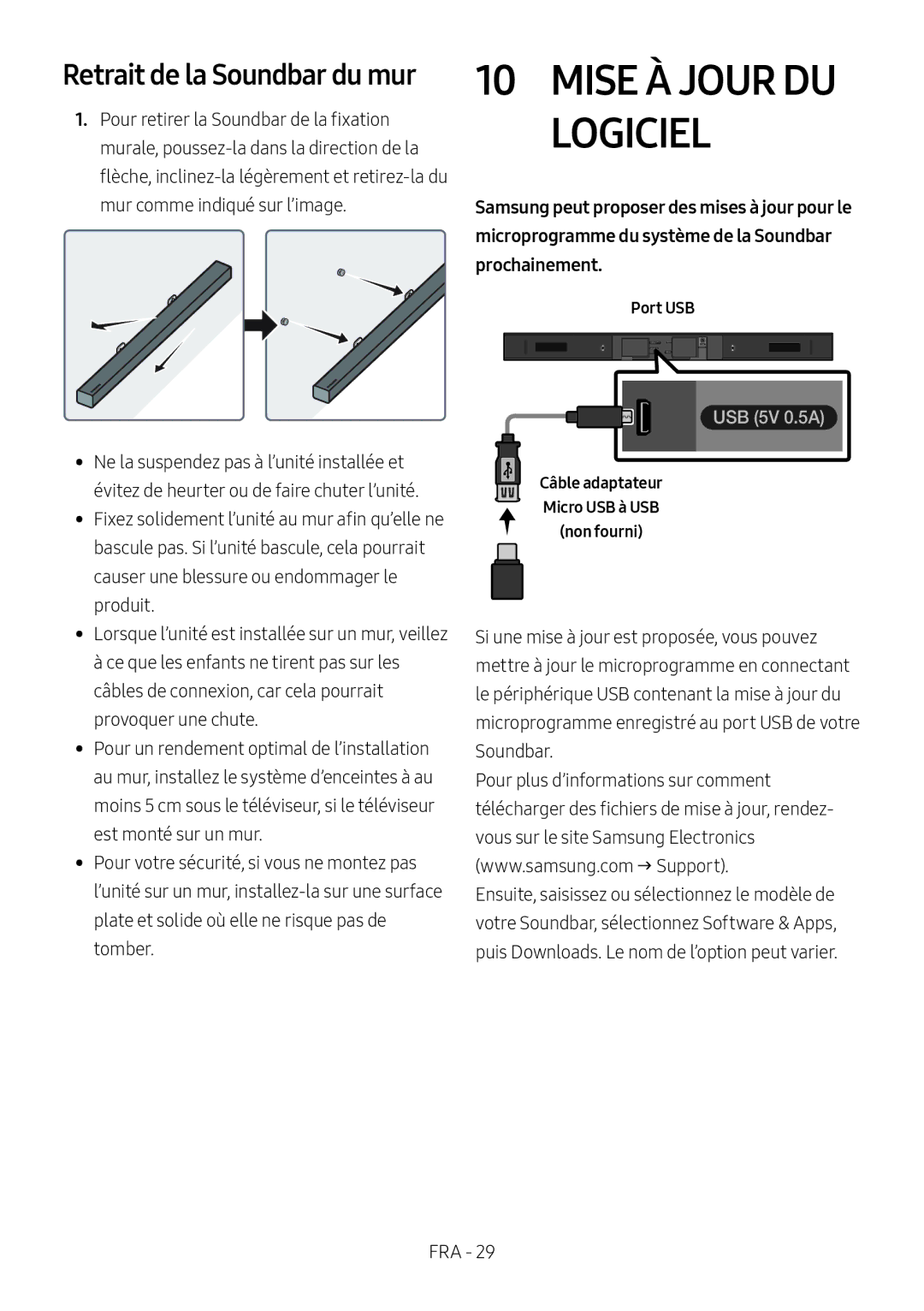 Samsung HW-M460/XE, HW-M450/EN, HW-M450/ZG, HW-M450/ZF manual Mise À Jour DU Logiciel, Retrait de la Soundbar du mur, Port USB 