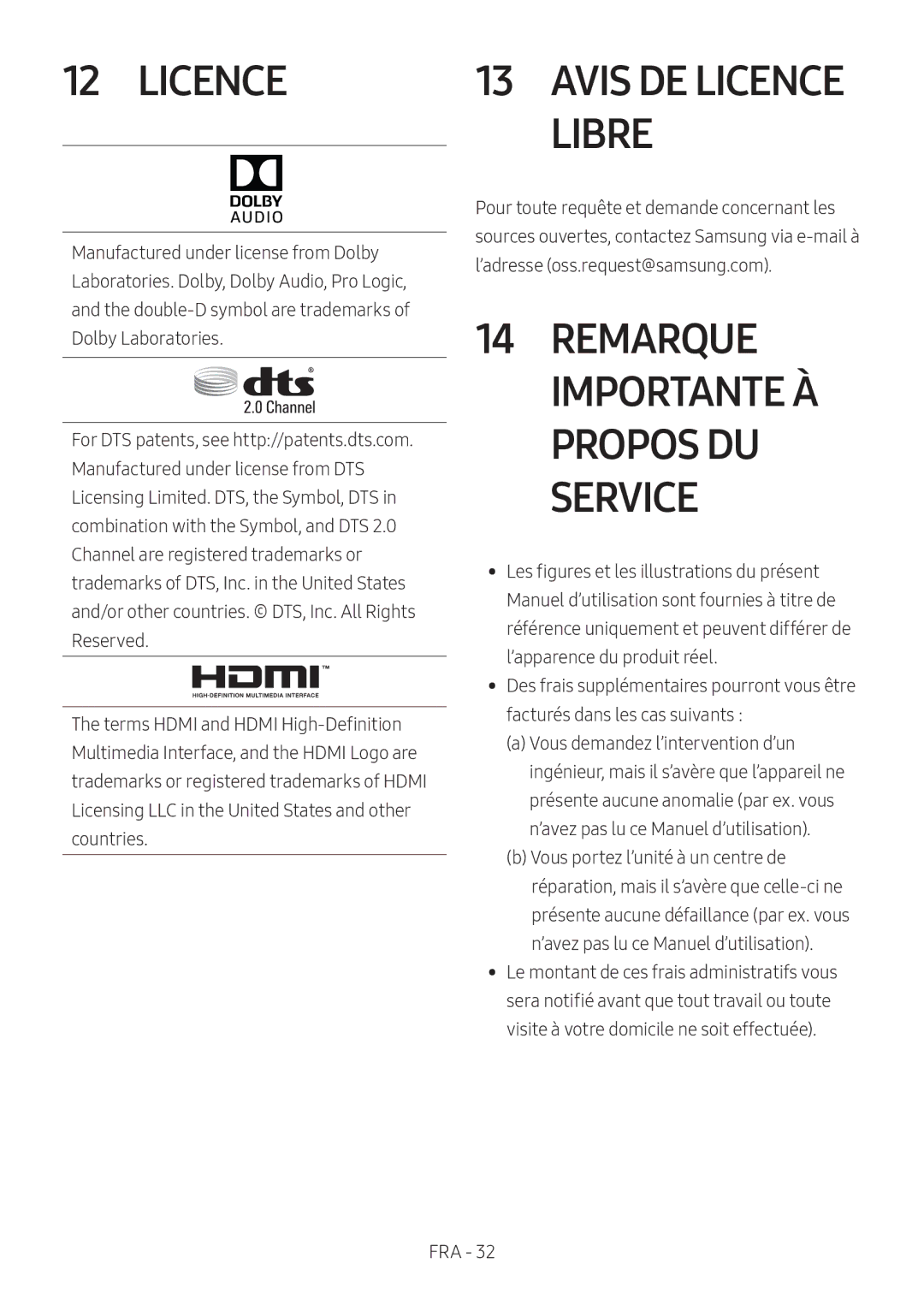 Samsung HW-M450/ZF, HW-M450/EN, HW-M450/ZG, HW-M460/XE manual Remarque Importante À Propos DU Service, Avis DE Licence Libre 