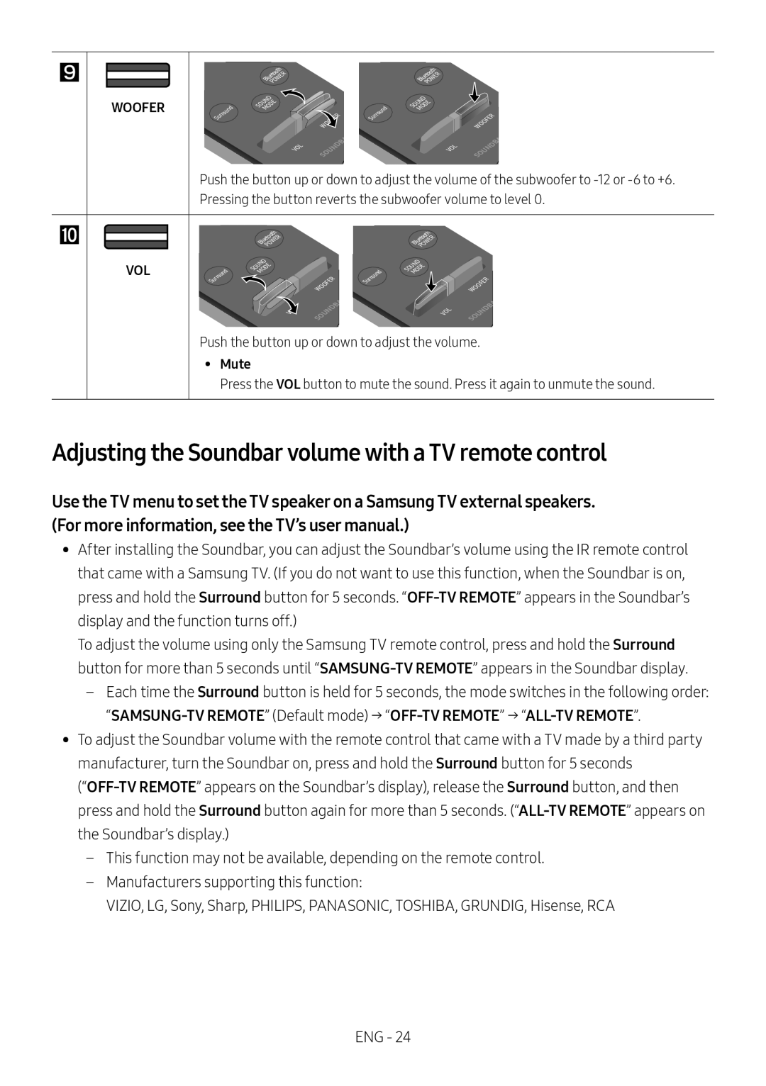 Samsung HW-M450/EN Adjusting the Soundbar volume with a TV remote control, Push the button up or down to adjust the volume 