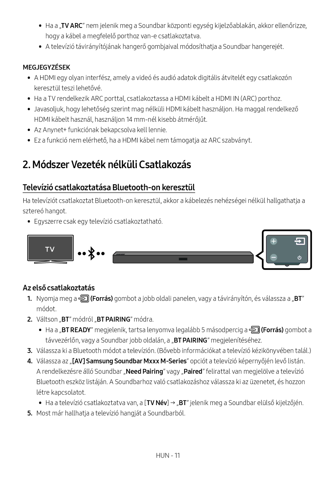 Samsung HW-M460/XE, HW-M450/EN manual Módszer Vezeték nélküli Csatlakozás, Televízió csatlakoztatása Bluetooth-on keresztül 