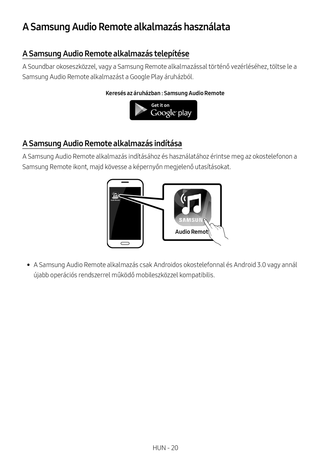 Samsung HW-M450/EN, HW-M450/ZG manual Samsung Audio Remote alkalmazás használata, Samsung Audio Remote alkalmazás telepítése 