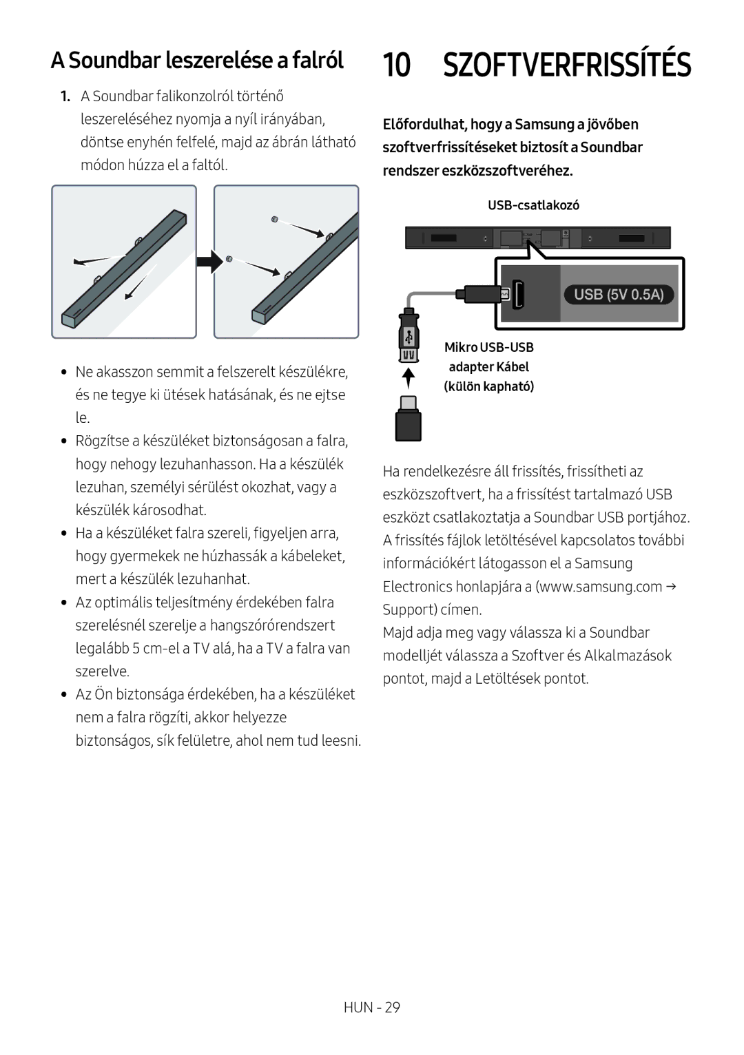 Samsung HW-M450/ZG, HW-M450/EN, HW-M450/ZF manual Soundbar leszerelése a falról, Mikro USB-USB Adapter Kábel Külön kapható 