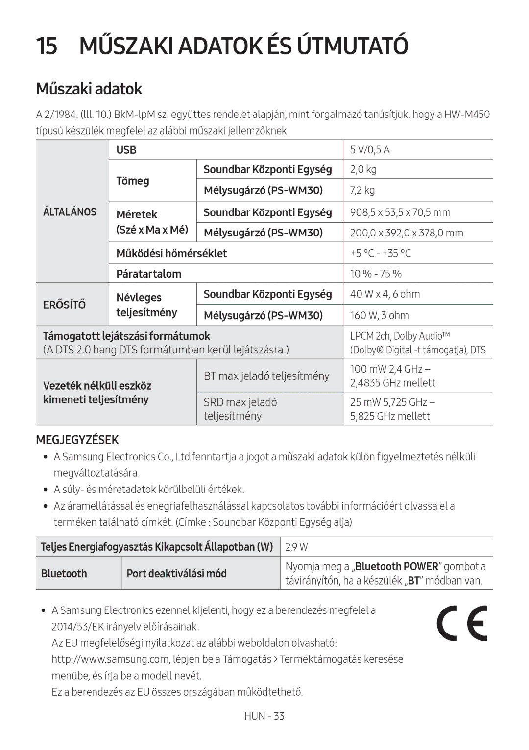 Samsung HW-M450/ZG, HW-M450/EN, HW-M450/ZF, HW-M460/XE manual 15 Műszaki Adatok ÉS Útmutató, Műszaki adatok, Megjegyzések 