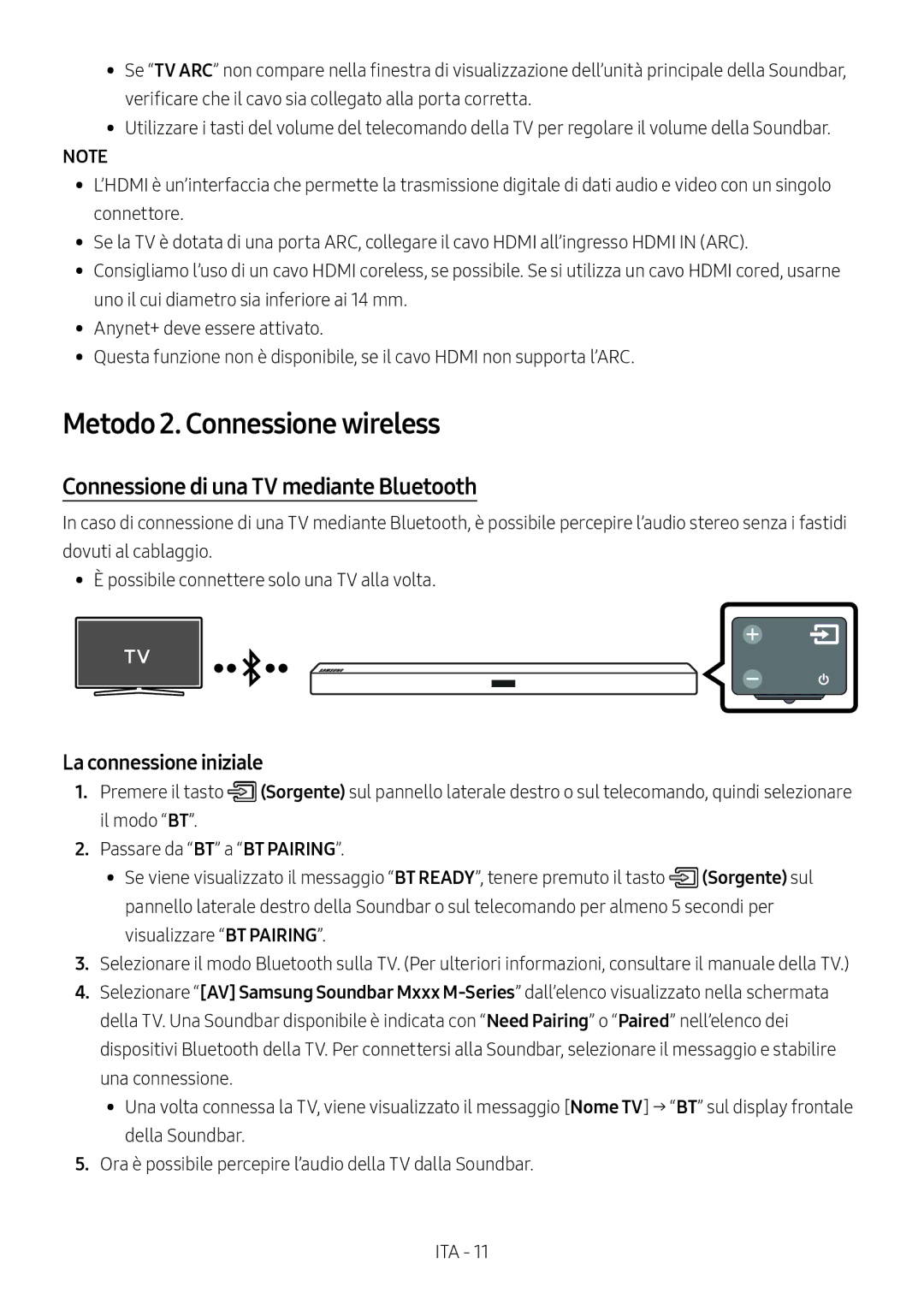 Samsung HW-M450/EN manual Metodo 2. Connessione wireless, Connessione di una TV mediante Bluetooth, La connessione iniziale 