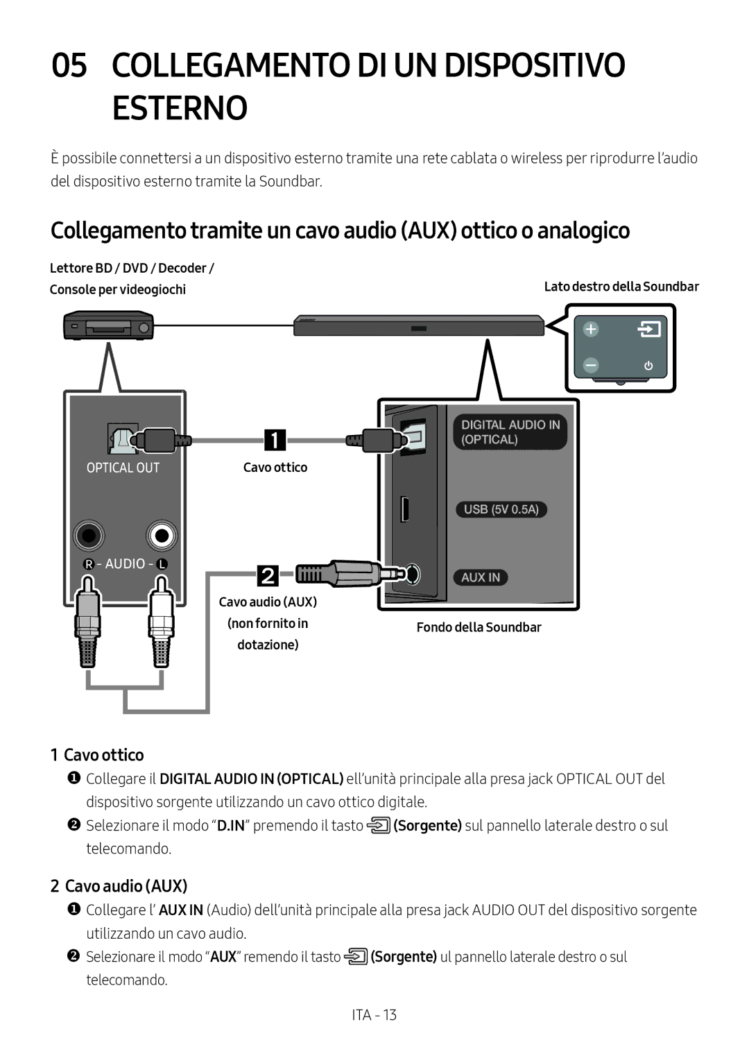 Samsung HW-M450/ZF manual Collegamento DI UN Dispositivo Esterno, Collegamento tramite un cavo audio AUX ottico o analogico 