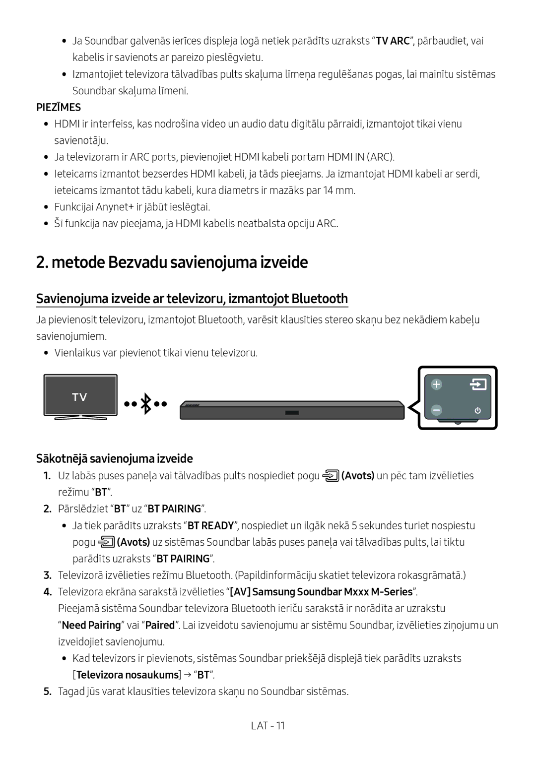 Samsung HW-M450/ZG, HW-M450/EN Metode Bezvadu savienojuma izveide, Savienojuma izveide ar televizoru, izmantojot Bluetooth 