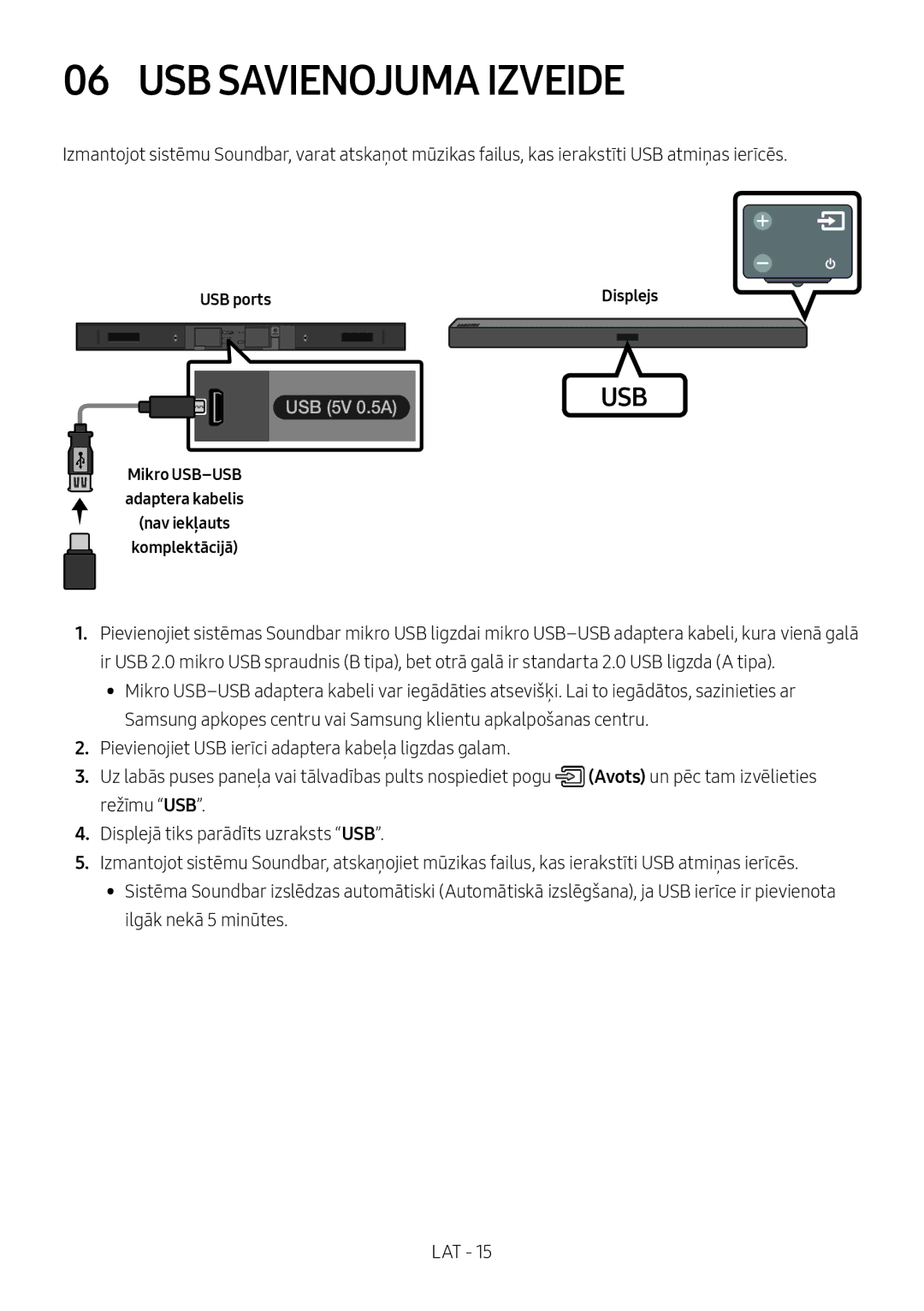 Samsung HW-M450/ZG, HW-M450/EN, HW-M450/ZF, HW-M460/XE manual USB Savienojuma Izveide, USB ports Displejs 